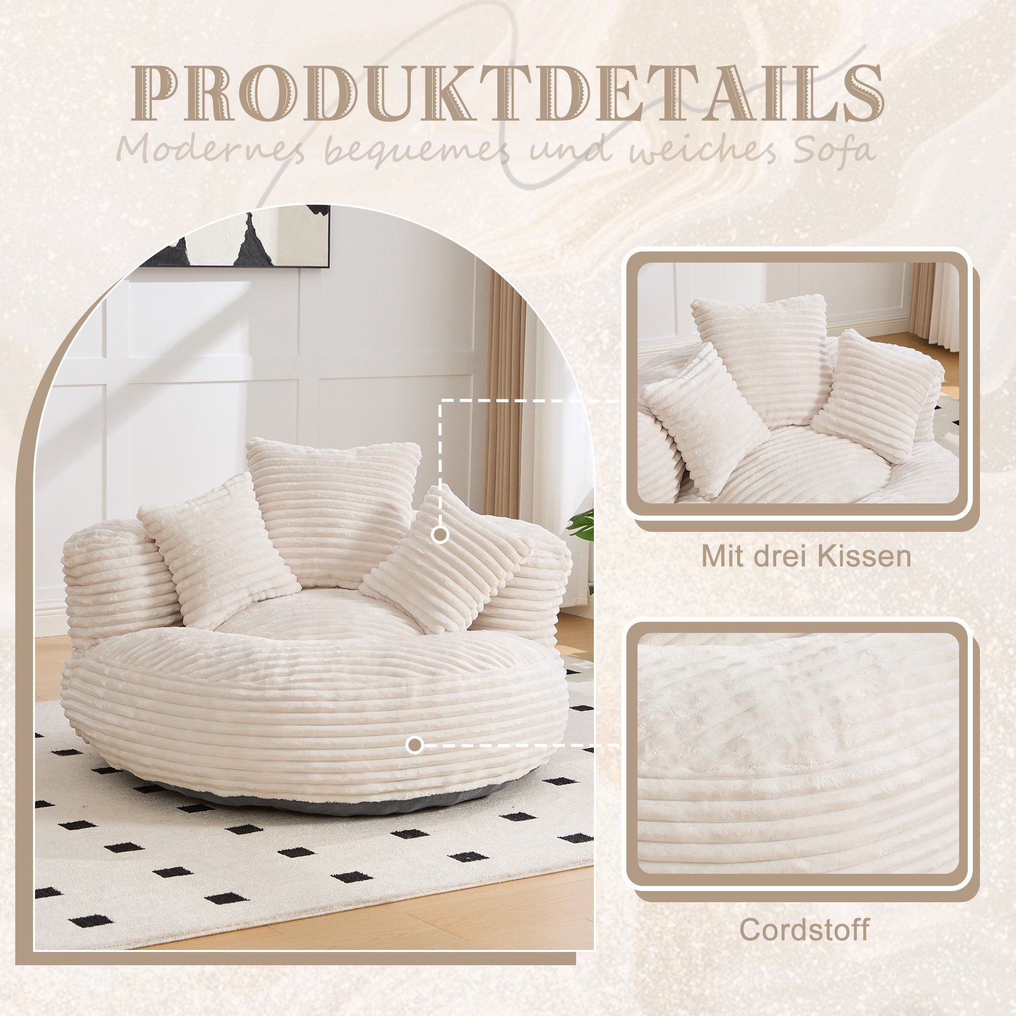 BlingBin Sitzsack Cordstoff-Sofa, Lazy Sofa (Sofa, 1 St., 108 x 108 x 52 cm), Mit drei Kissen, für Erwachsene und Kinder gleichermaßen geeignet
