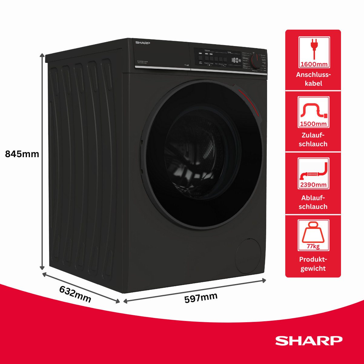 Sharp Waschmaschine ES-WNFB214CMDA-DE, 12 kg, 1400 U/min, 12kg / +WIFI / A-20% / Steam