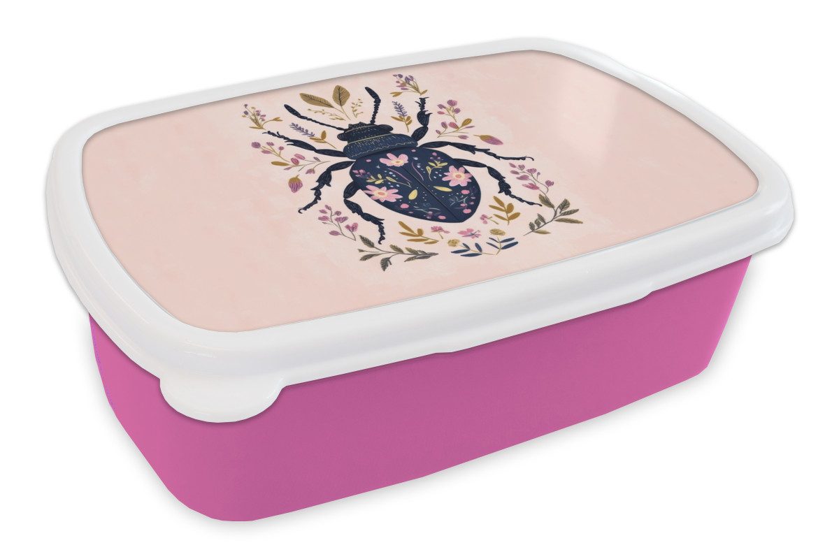 MuchoWow Lunchbox Dunkelblau - Käfer - Blütenzweige - Zierpflanze, Kunststoff, (2-tlg), Brotdosen, Lunch Box, Brotbox für Kinder und Erwachsene