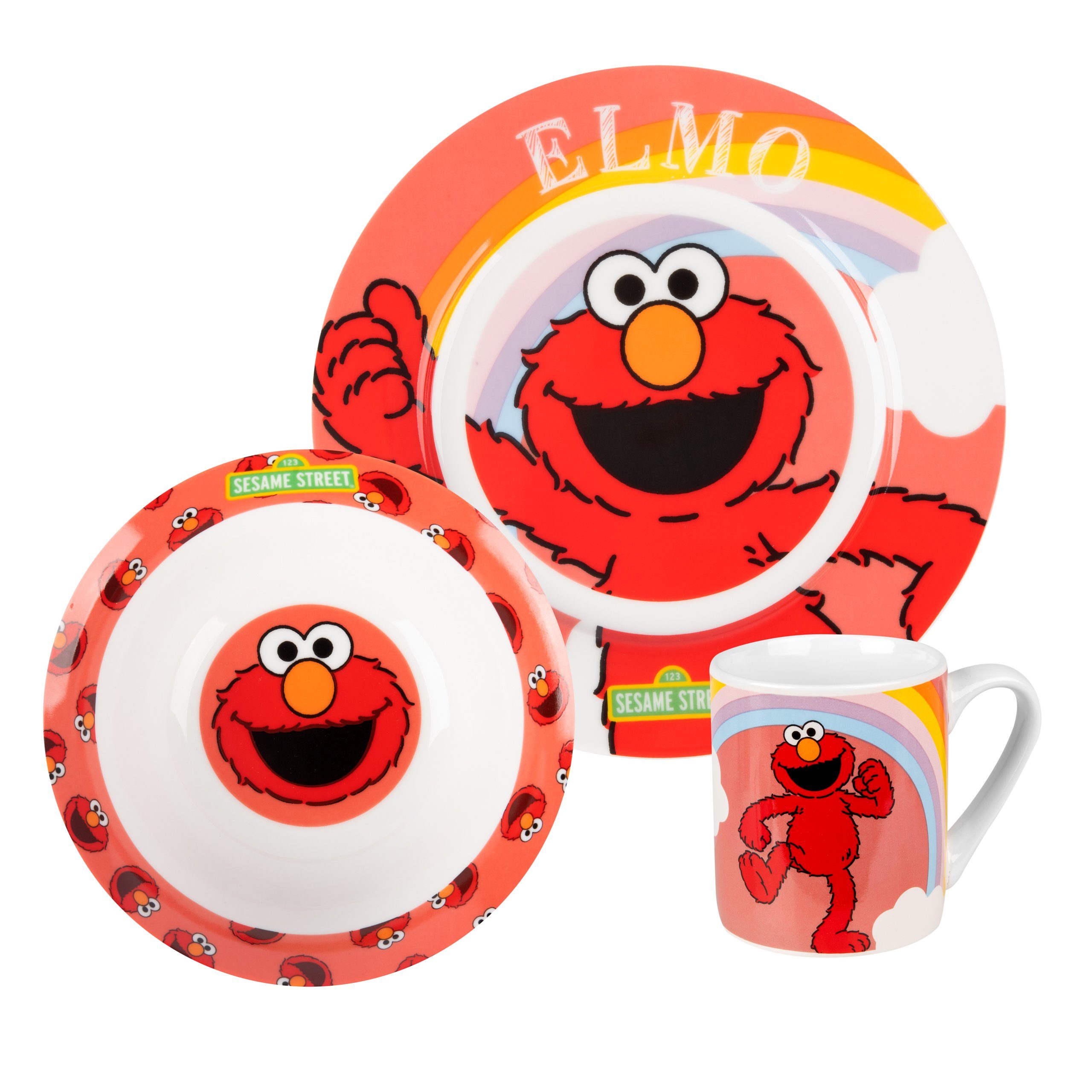 United Labels® Frühstücks-Geschirrset Sesamstraße Frühstücksset - Elmo Kinder Geschirr Set 3-tlg., Porzellan