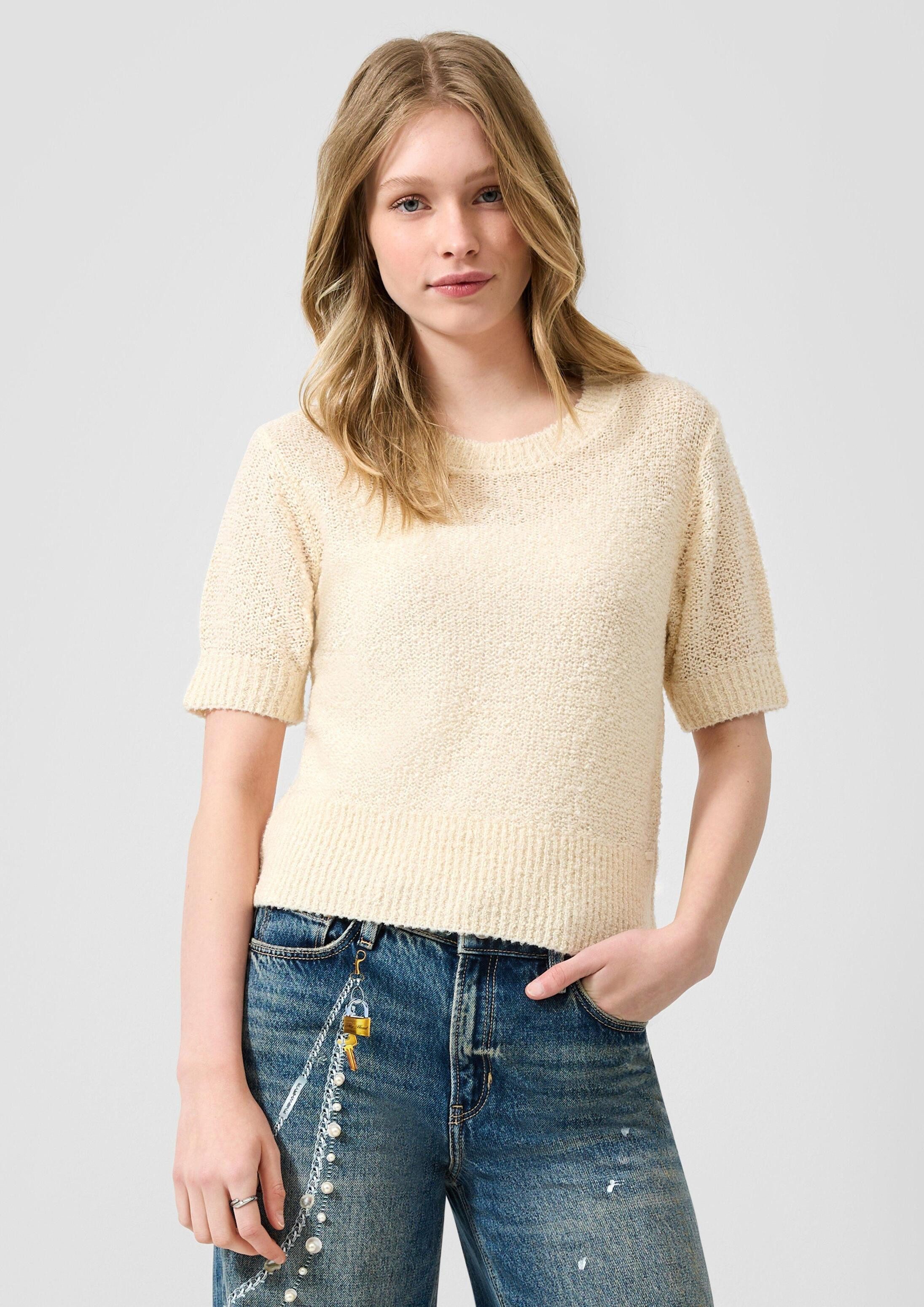 QS Kurzarmpullover Strickpullover Kurzarm-Pullover in Bouclé-Optik