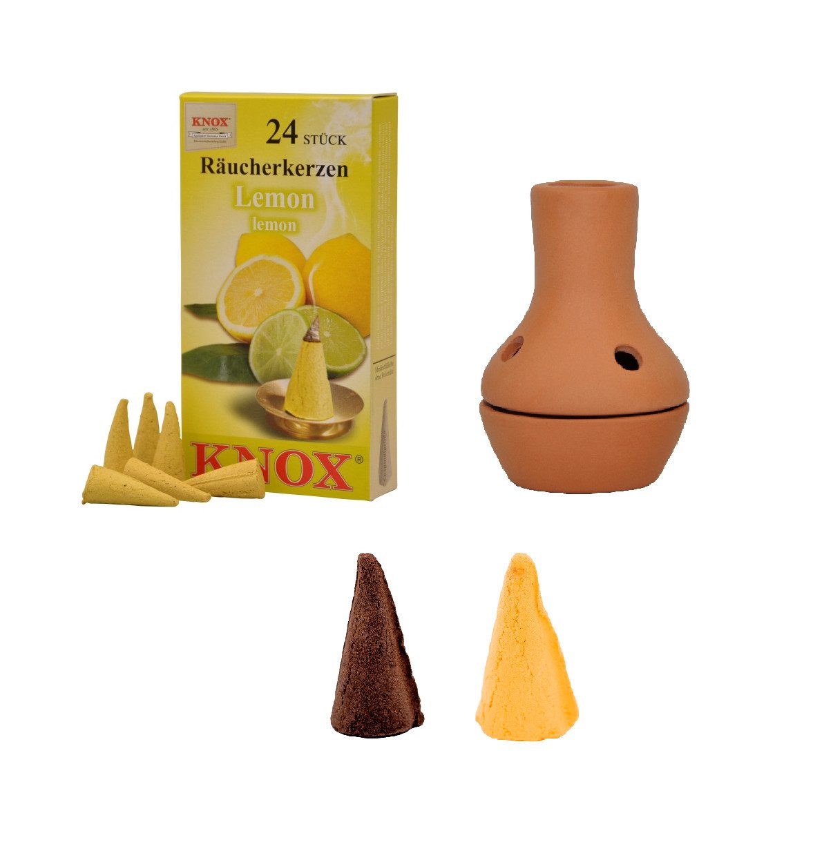 KNOX Duftkerze Feuertöpfchen Natur - mit Schoko/Orange in XXL und Lemon in M, Räuchergefäß im Set - perfekt für jede Gartenparty