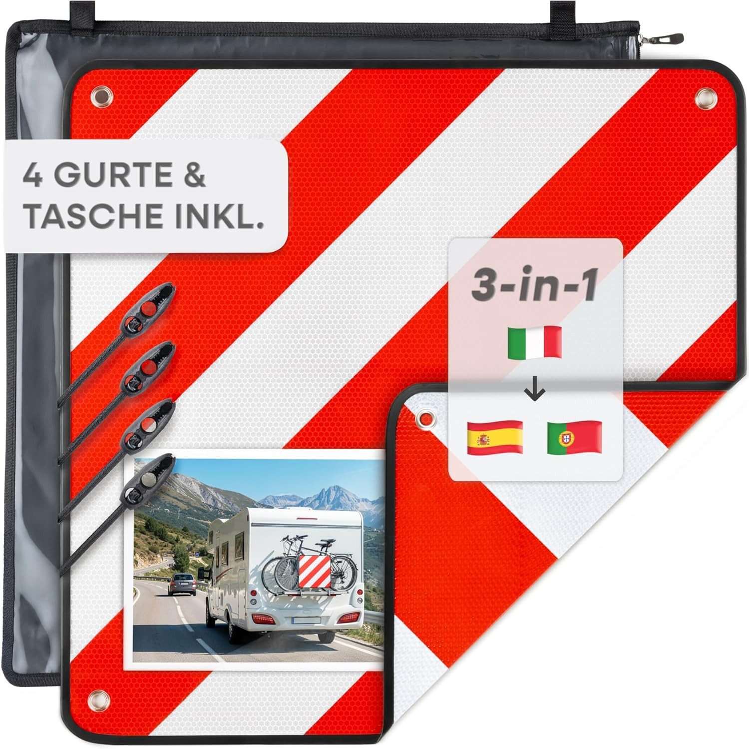 Prowiste Hinweisschild Warntafel Fahrradträger – ECE R70 – Für Italien, Spanien & Portugal, (Zubehör für Fahrradträger, Autozubehör, Sicherheitszubehör, 1 St., Warntafel + Tasche + Spanngurte), ECE R70 geprüft, Aluminium, wetterfest, für Italien/Spanien/Portugal