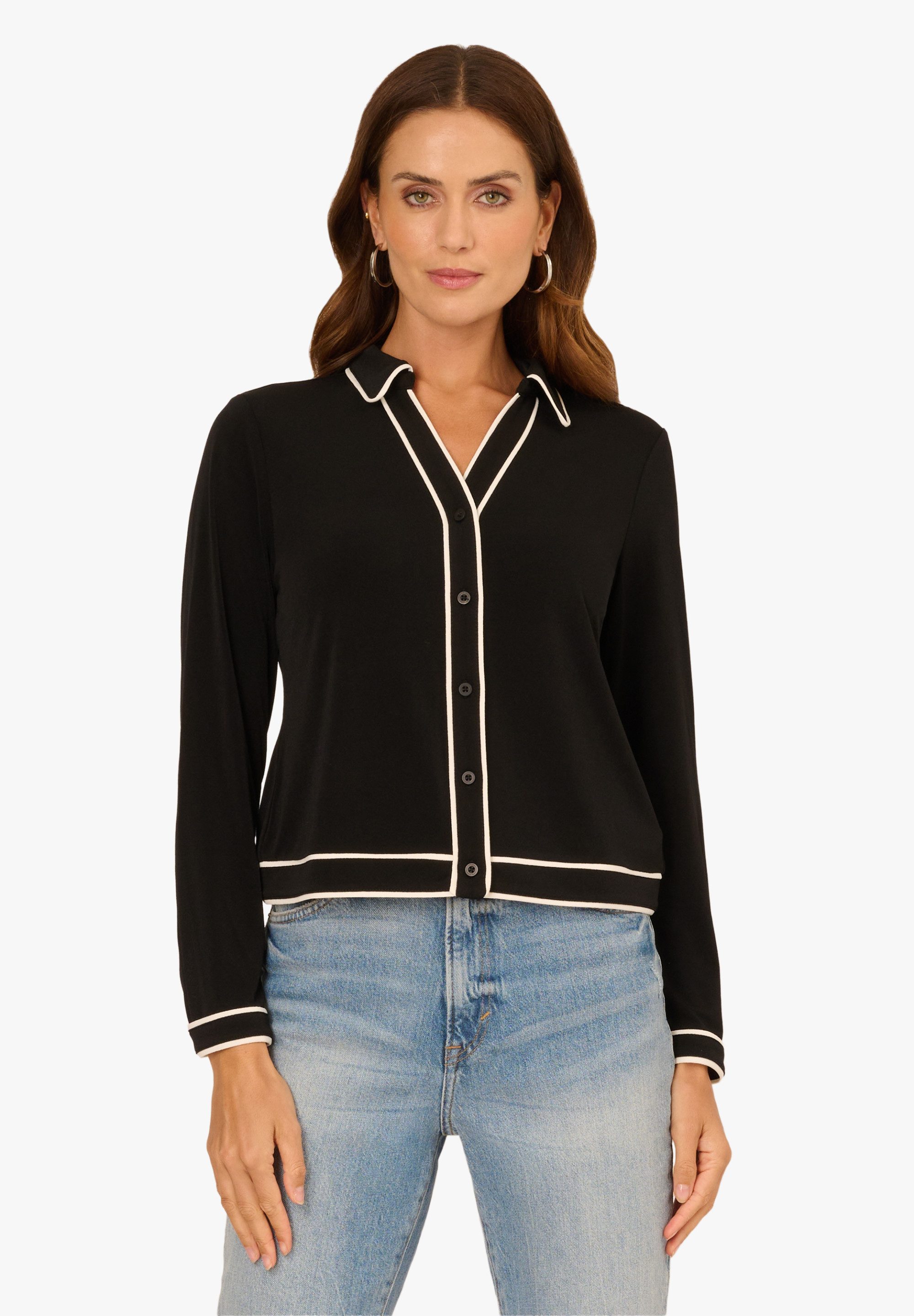 Adrianna Papell Langarmhemd Button Down Long Sleeve Knit Top with Contrast Edge Binding Weiche Strickbluse mit Knopfleiste vorne und geknöpften Manschetten