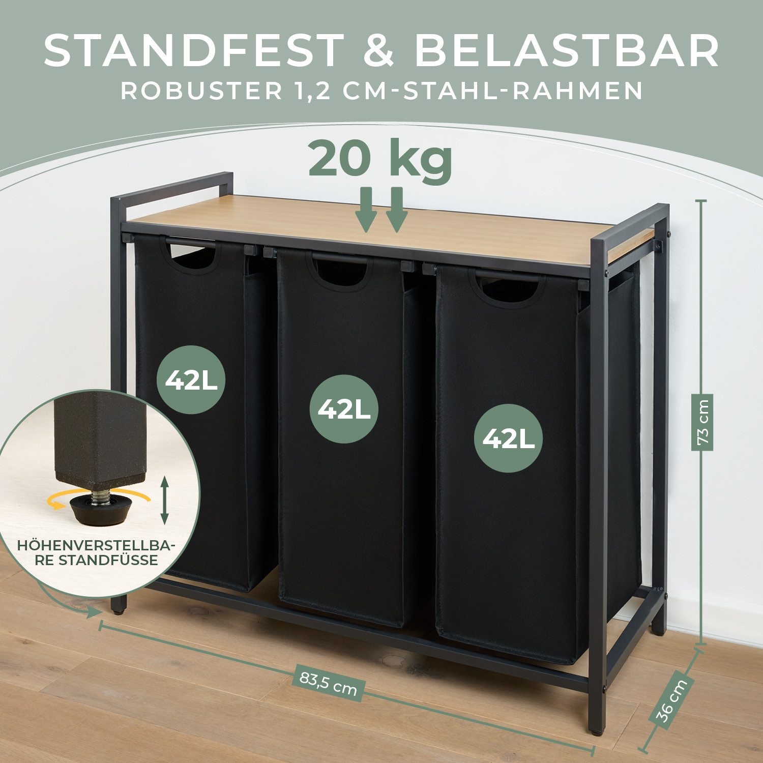 Blumtal Ausziehwäschekorb 2-4 Fächer Wäschesammler mit Ablage und Metallrah günstig online kaufen