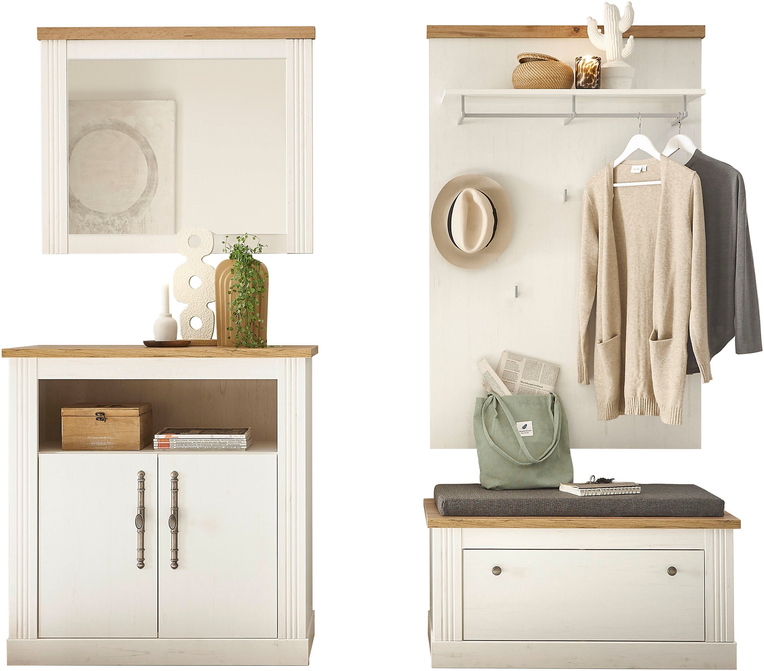 OTTO home Garderoben-Set WESTMINSTER, (4-St., Schuhbank, Spiegel, Kommode, Wandpaneel), im romantischen Landhausstil