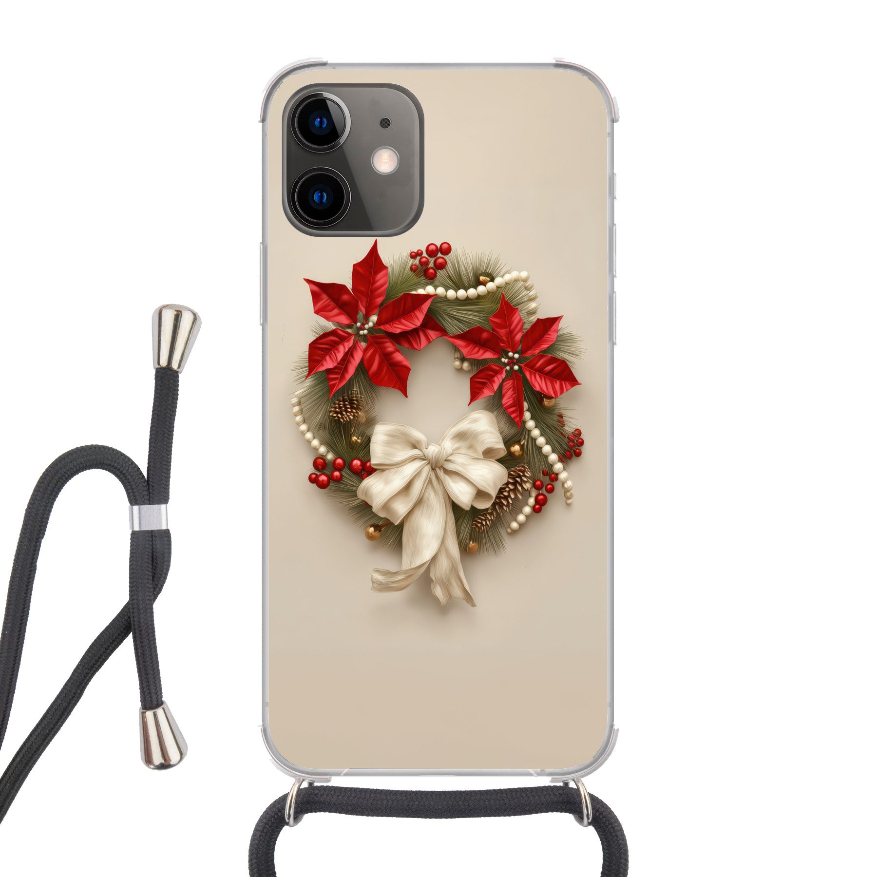MuchoWow Handyhülle für Apple iPhone 12 Mini Türkranz - Schleife - Weihnachten - Rot - Grü, Tragbare Handyhüllen mit Kette zum umhängen, Handykette Handyband