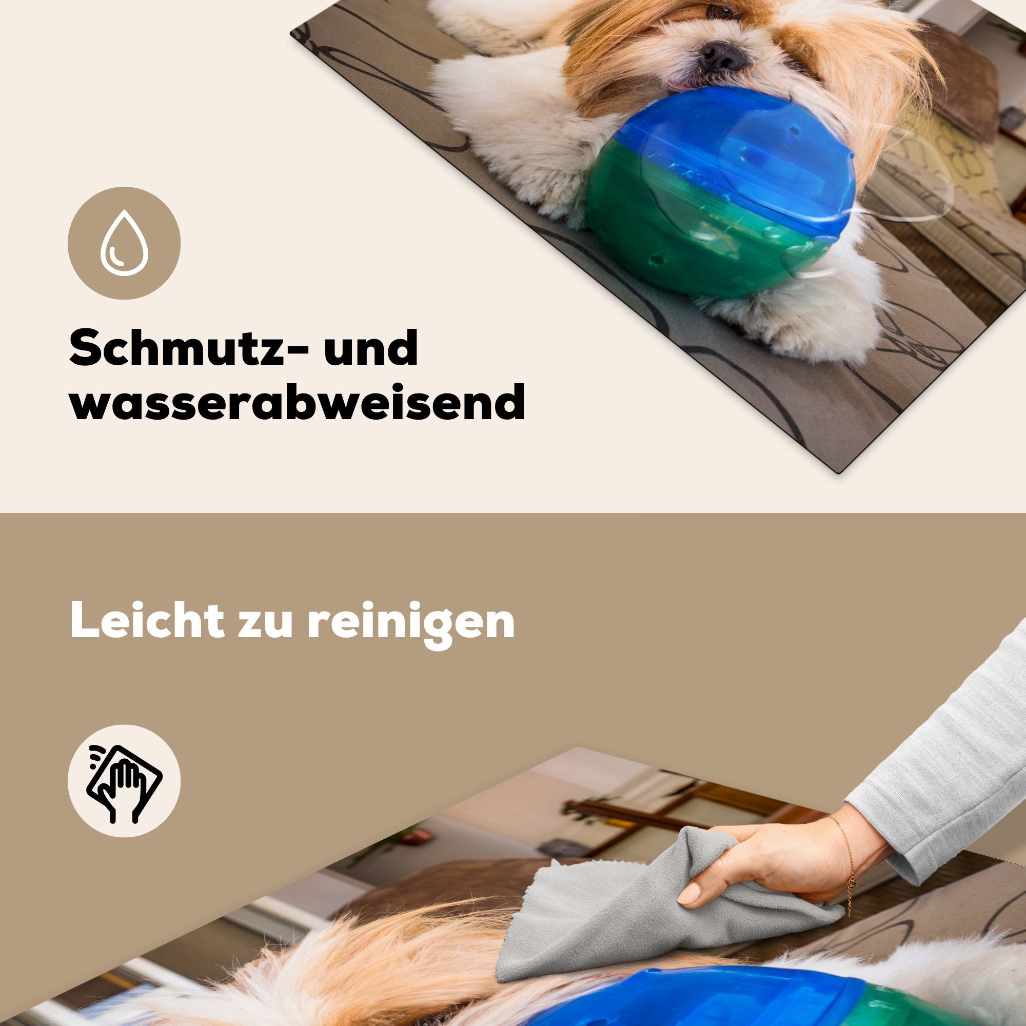 mit 81x52 Tzu küche, Ball, Ein Shih die Induktionskochfeld cm, Herdblende-/Abdeckplatte Hund Ceranfeldabdeckung MuchoWow einem Vinyl, für tlg), spielt (1 Schutz