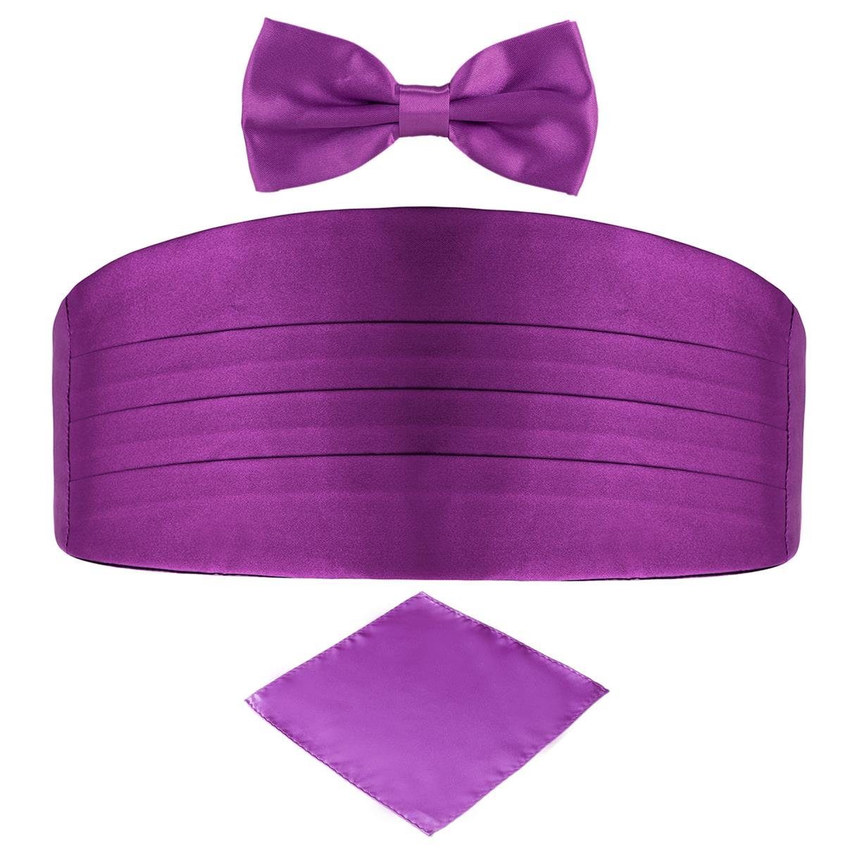 DonDon Kummerbund 3er Set Kummerbund Fliege Einstecktuch glänzend und gleichfarbig, (3er Set, 3-St), 3er Set, farblich abgestimmt, Seidenlook violett