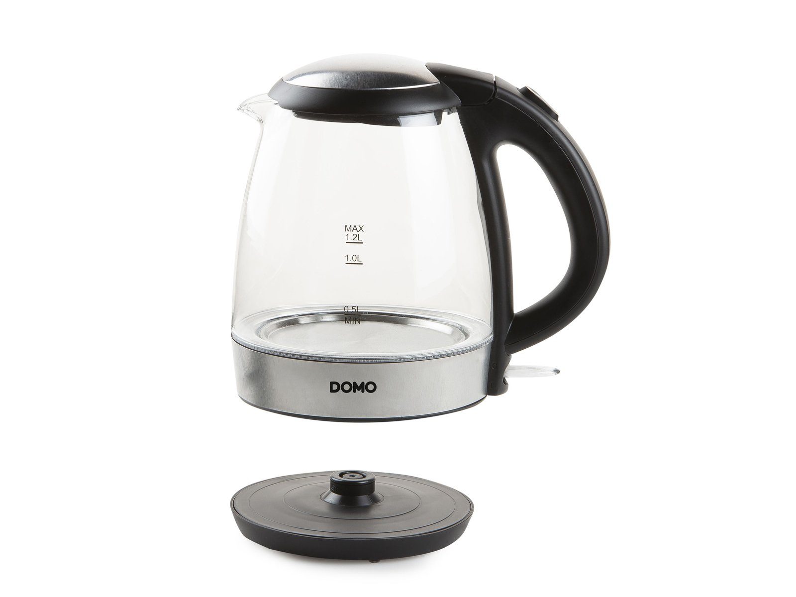 Domo Wasserkocher, 1.2 l, 2200 W, Glas LED Beleuchtung 360° Edelstahlsockel, leise elektrisch ohne Kabel
