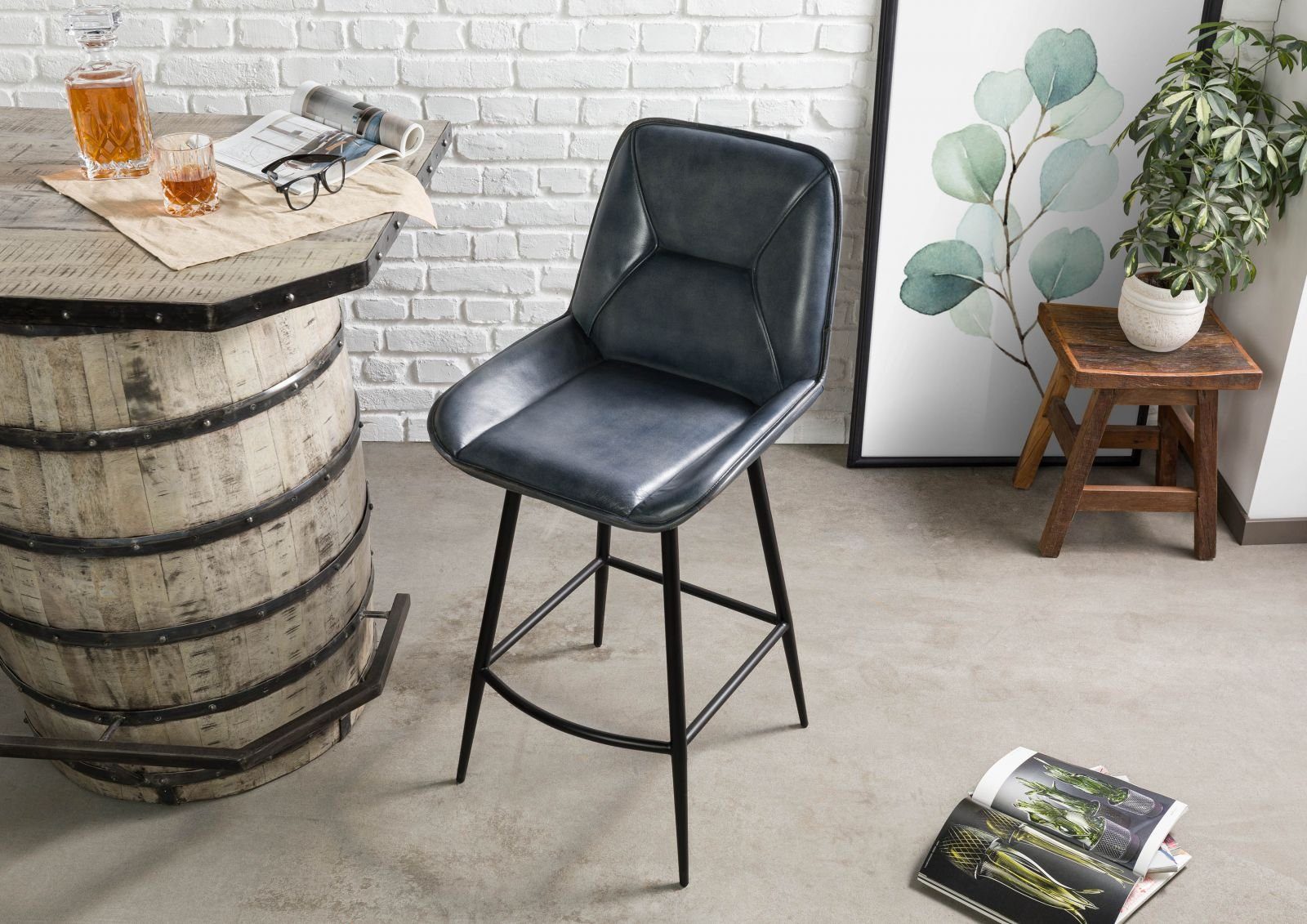 Massivmoebel24 Bistrostuhl IRON LABEL (blau Echtleder (Büffel) Eisen), 50 x 106 x 59 cm IRON LABEL #514