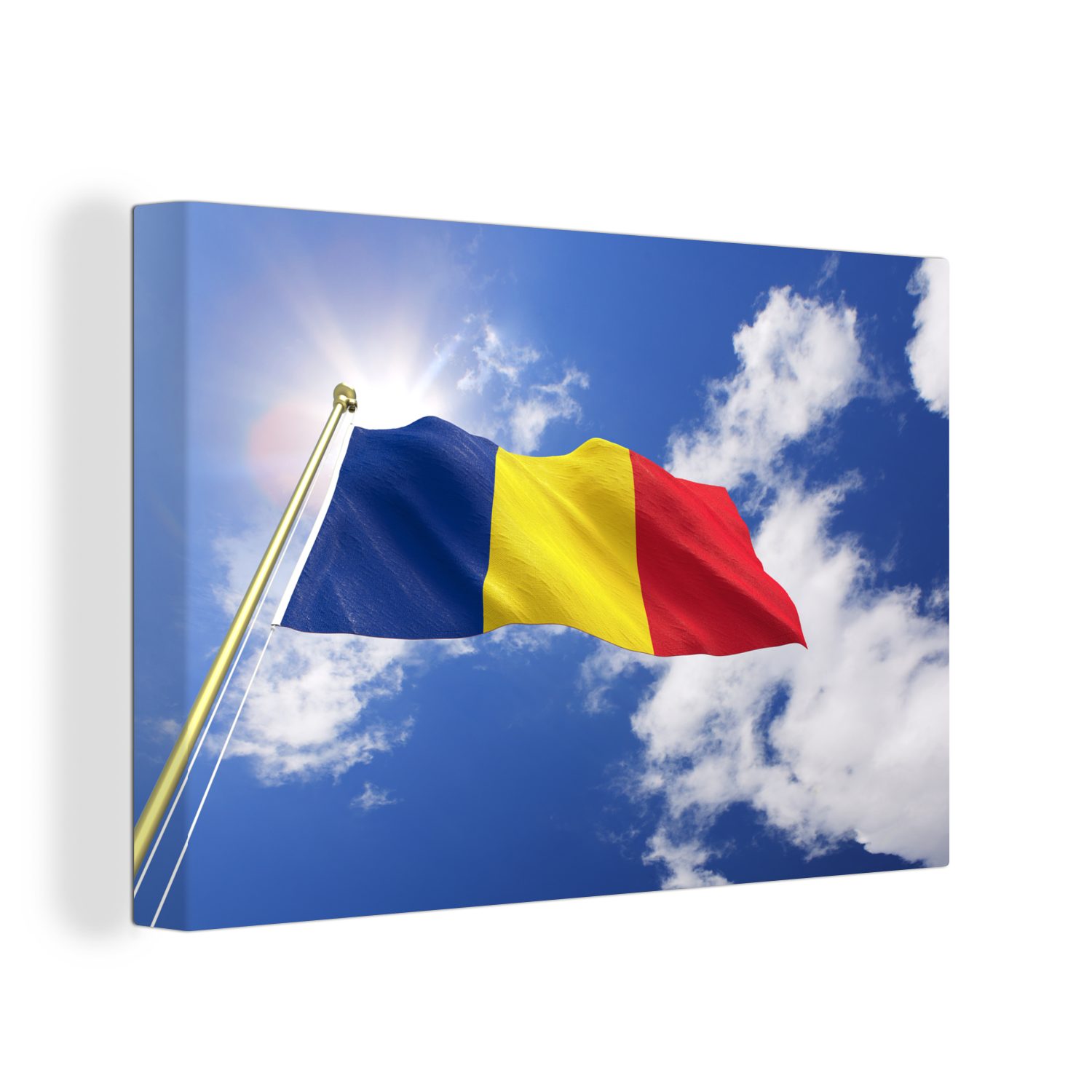 Himmel, 30x20 cm Rumäniens Leinwandbilder, am Leinwandbild weht OneMillionCanvasses® Wandbild St), Aufhängefertig, (1 Flagge Wanddeko,
