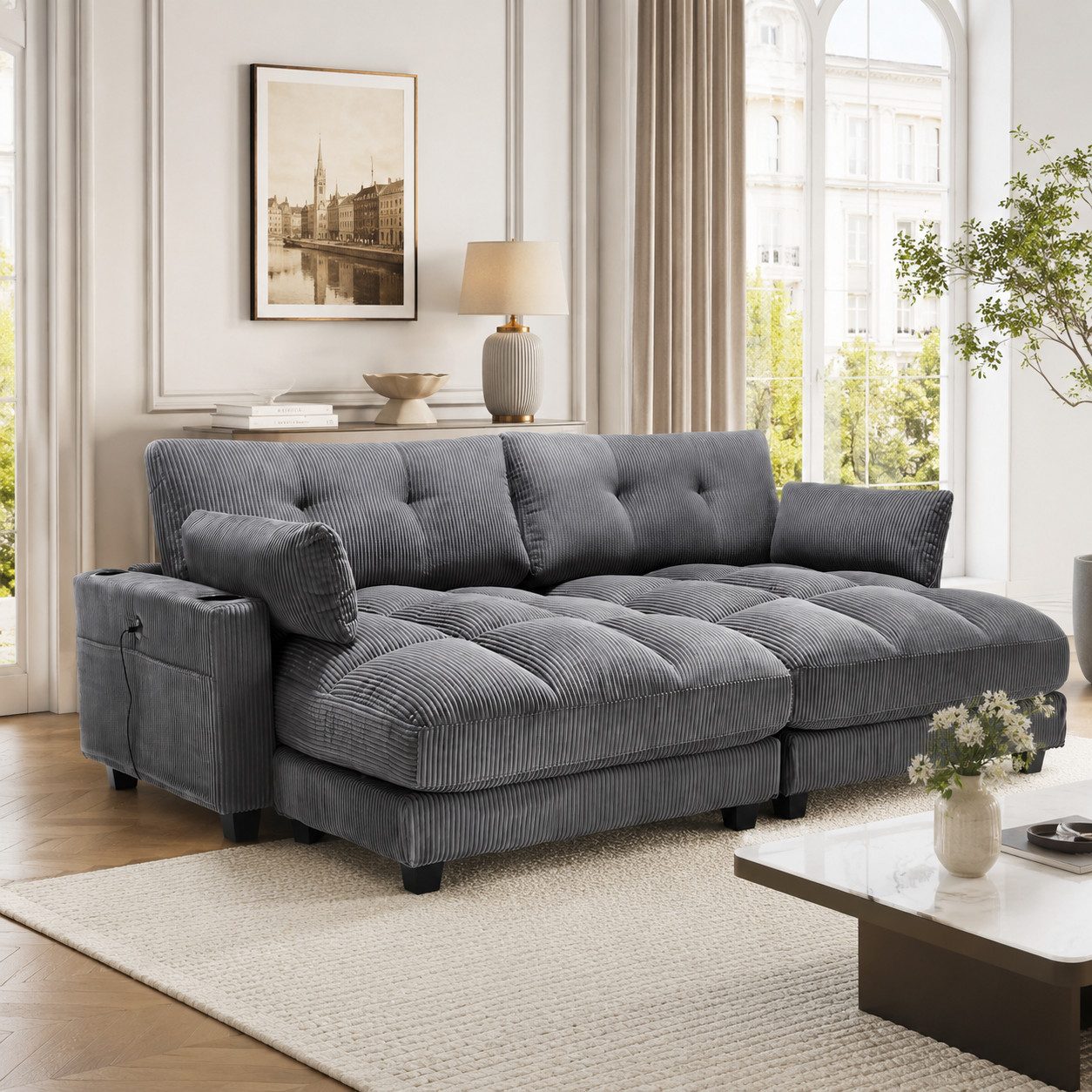 KLAM HOME Schlafsofa Ecksofa Palmensessel Relaxsofa Polstermöbel mit 2Becherhaltern&USB, mit eine Seitentaschen, Cordstoff, Sitzsack mit rollenden polstern, Perfekt für Wohnzimmer, Schlafzimmer, Jugendzimmer, Gästezimmer