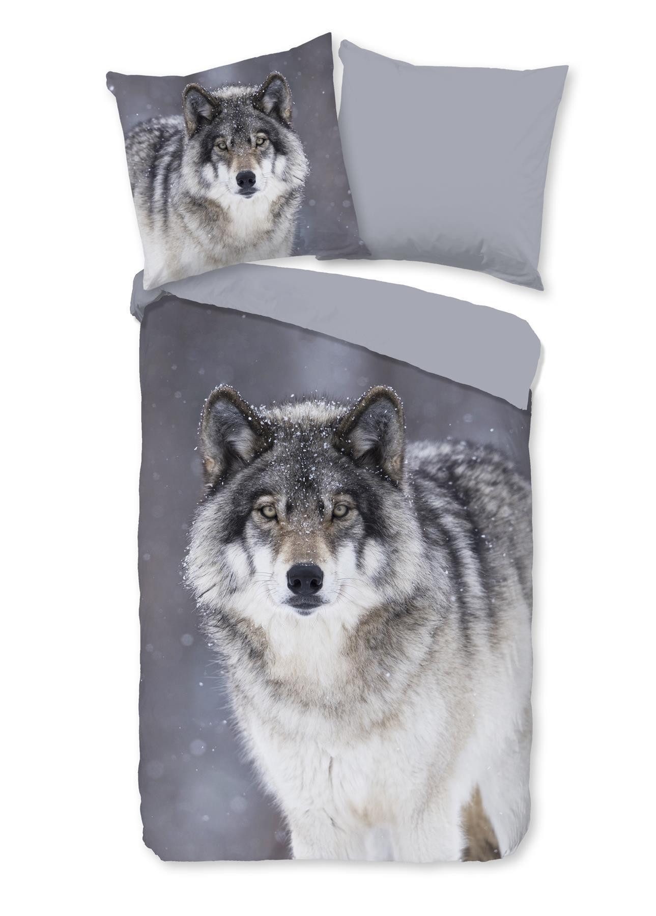 good morning Bettwäsche Flanell Bettwäsche 200 X 200 cm + 2- 80 X 80 cm Wolfie grau wolf, Baumwolle, 3 teilig, bettwäsche 200x200 baumwolle sale warm weihnachten 200x200 bettbezug