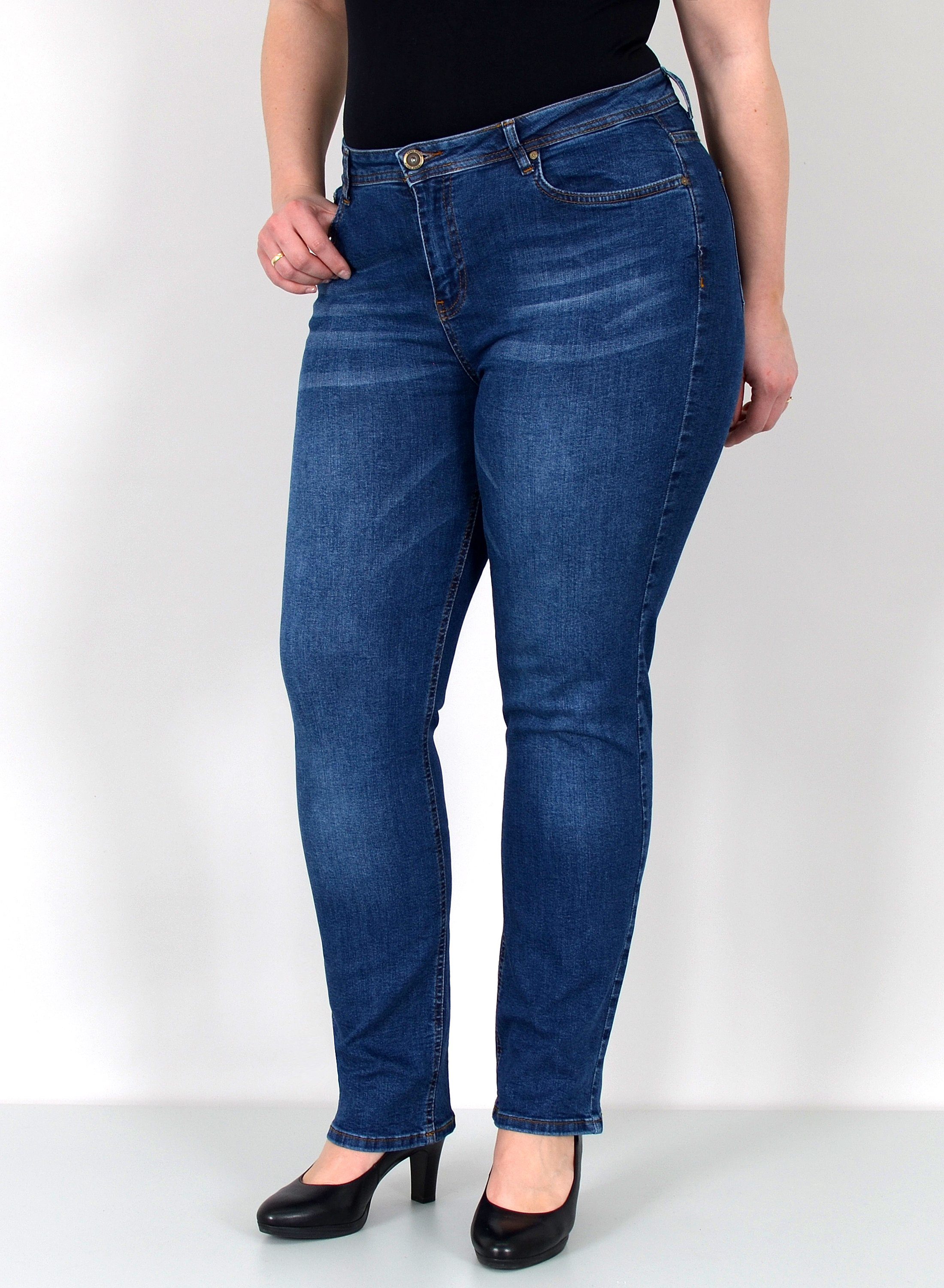 ESRA Straight-Jeans Gerade Schnitt Jeans hoher Bund mit Stretch bis Plus Size Übergröße Straight Jeans Damen High Waist Stretch Jeans Hose mit geradem Bein