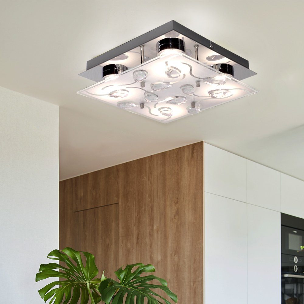 Deckenlampe LED chrom Wohnzimmer etc-shop fest Deckenleuchte LED-Leuchtmittel Glas mit verbaut, Kristallen LED Warmweiß, Deckenleuchte,