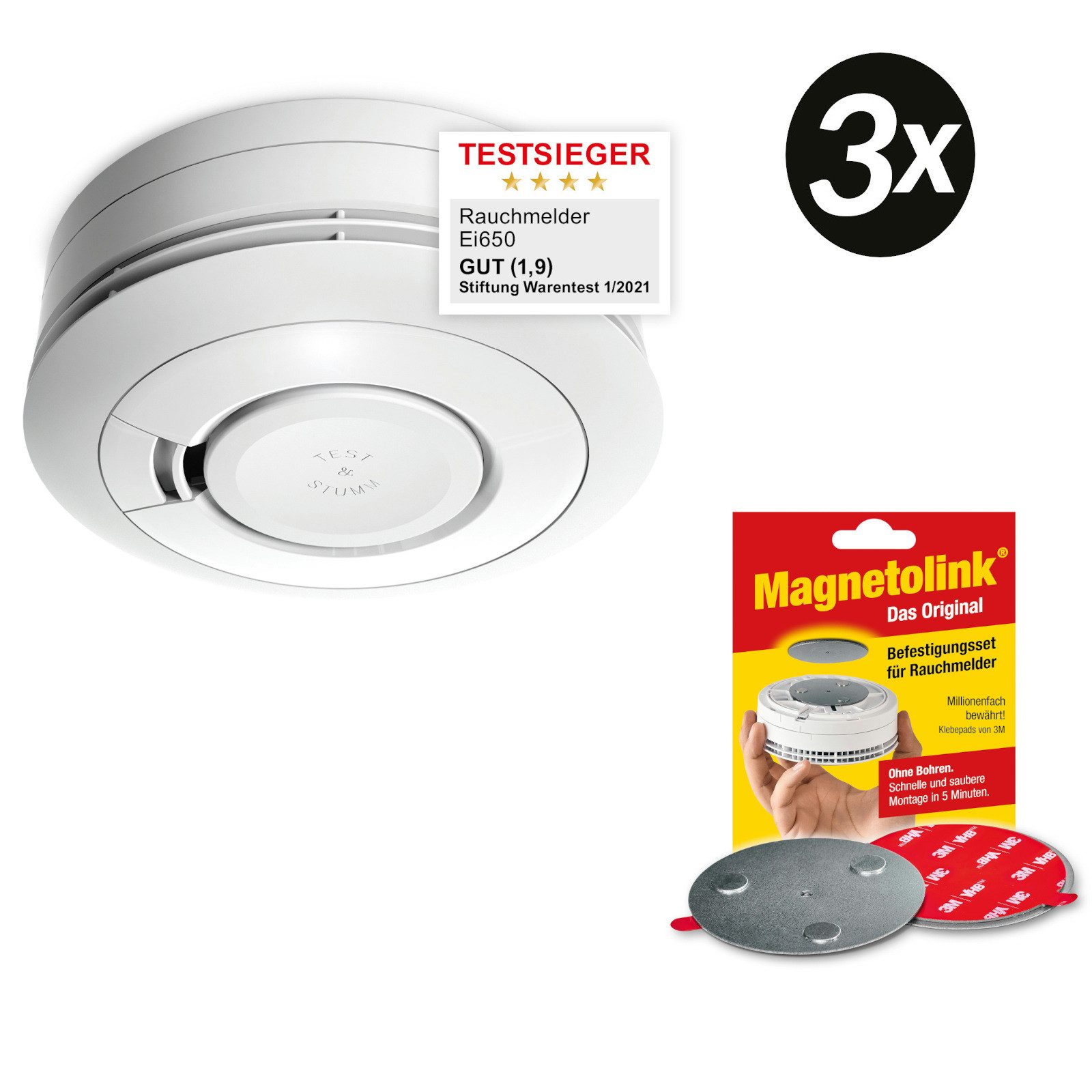 Ei Electronics 3x Ei Electronics Ei650 Rauchmelder inkl. Magnetolink Befestigungsset Rauchmelder