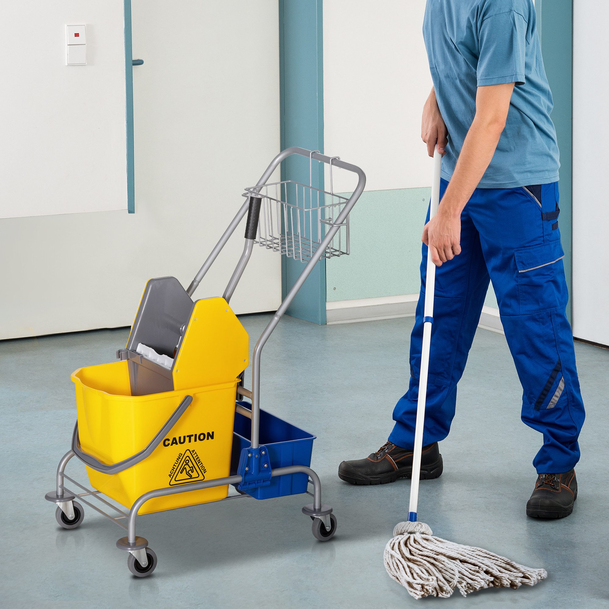 HOMCOM Putzwagen Fahreimer, Putzeimer, Wischwagen mit Haken für Mopp Gelb, (Set, 1-St., Reinigungswagen mit Eimer und Korb), 25L Eimer, Auswringvorrichtung, 4 Rollen