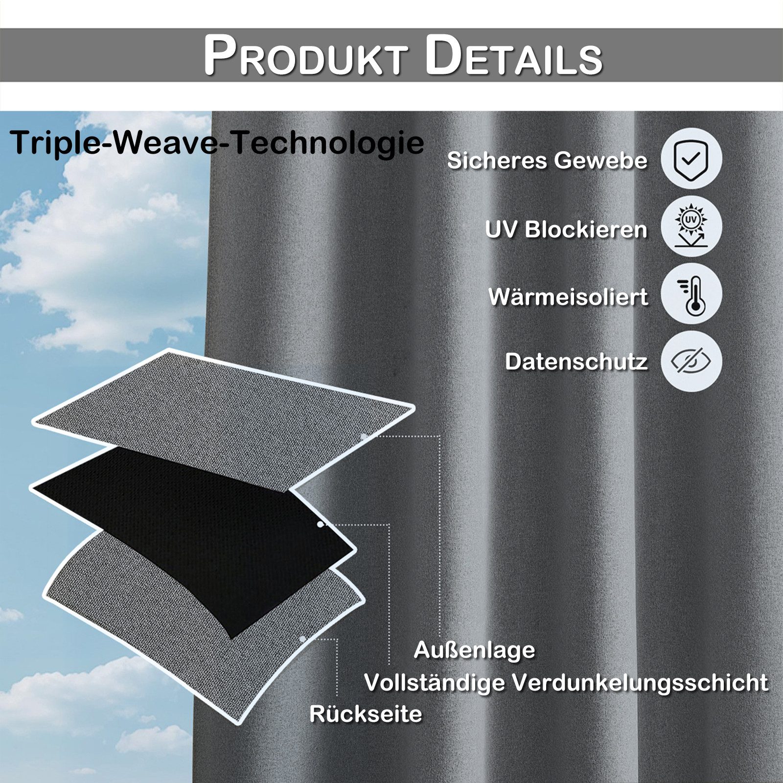 Sunicol Outdoorvorhang 100% Blickdichte Wasserdicht Vorhänge mit Ösen, Verdunklungsvorhäng (2 St), Gardinen Sonnenschutz Sichtschutz für Balkon Pergola Terrasse – Bild 4 von 5