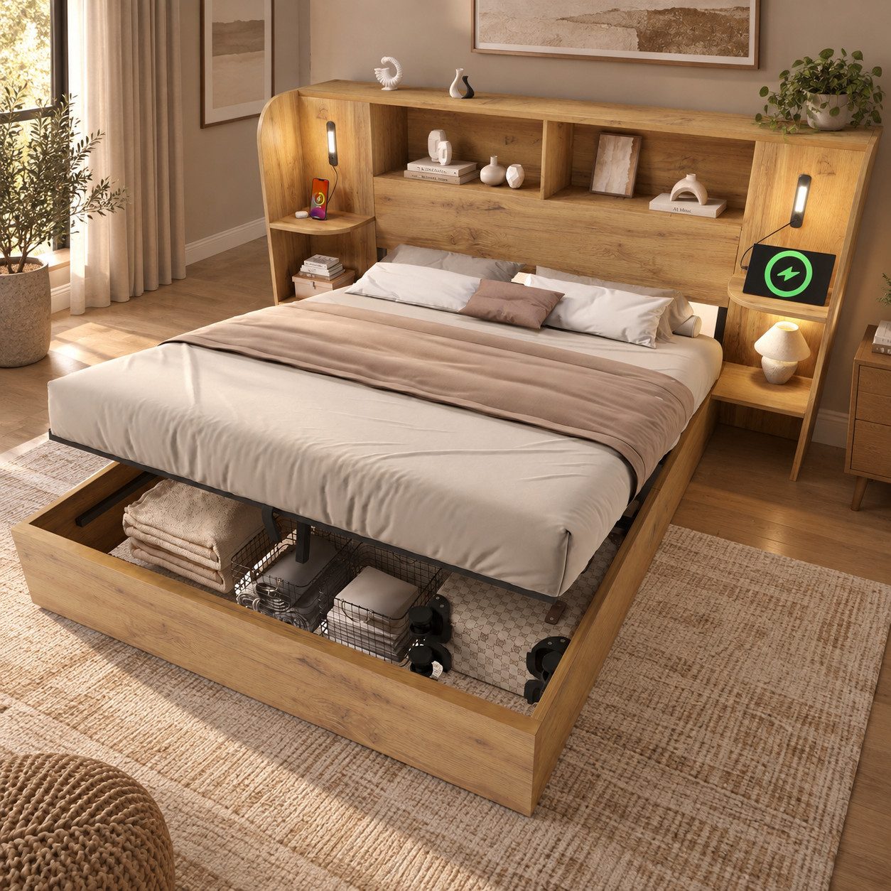 BlingBin Stauraumbett Hydraulisches Doppelbett Holzbett in Eichen-Optik (1 Stück, 1-tlg., 180x200 cm, mit USB Typ-C Ladestation & …