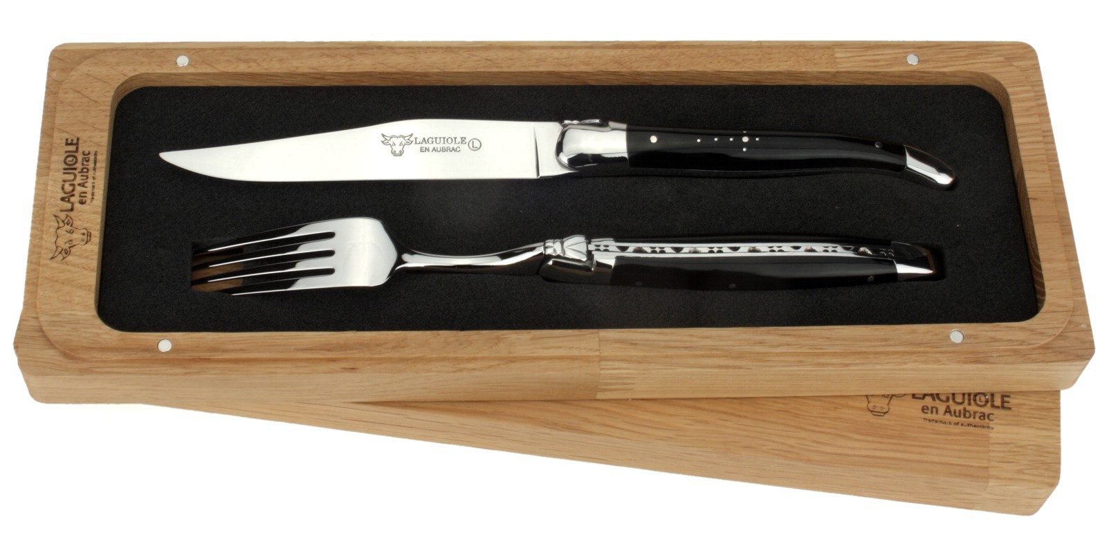 Laguiole en Aubrac Steakbesteck 1CF99BUI, 1 Messer / 1 Gabel - Griff Büffelhorn - Stahl glänzend