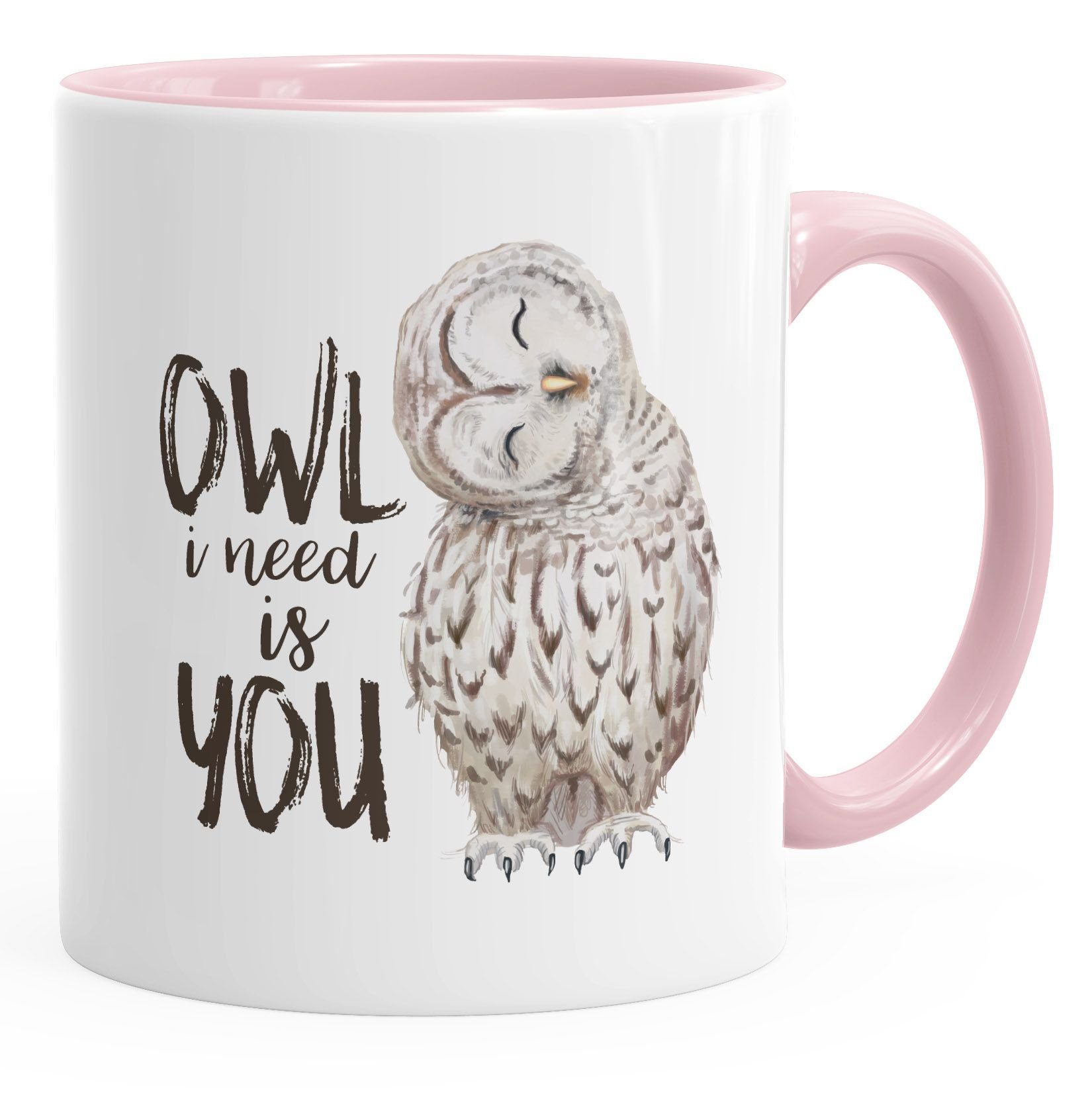 MoonWorks Tasse Kaffee-Tasse Eule Owl I need is you Liebe Spruch Geschenk Valentinstag Weihnachten Ehe Partnerschaft MoonWorks®, Keramik rosa