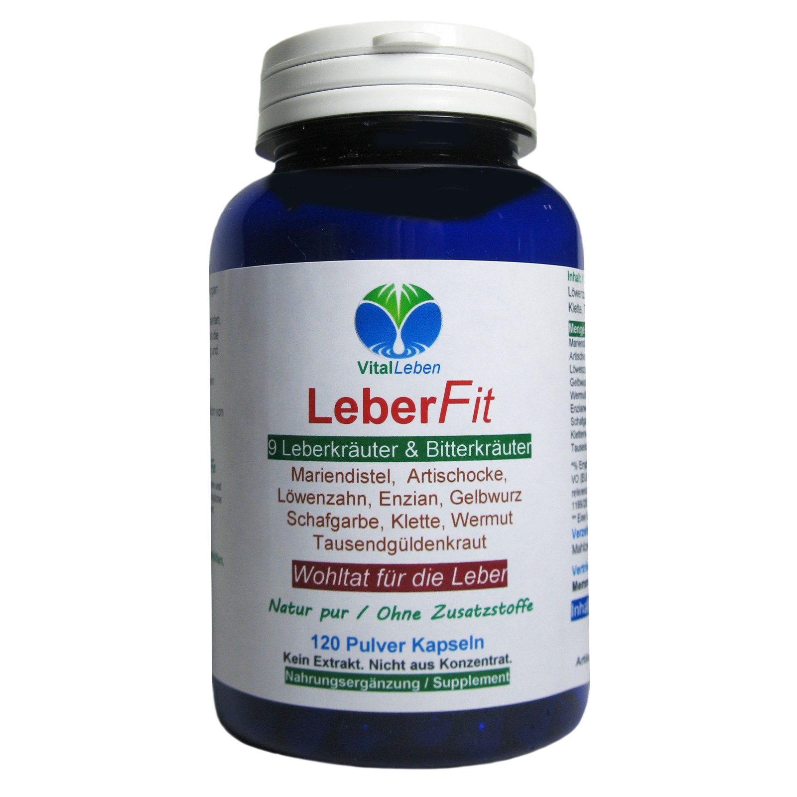 VitalLeben LeberFit Komplex 9 Kräuter & Bitterstoffe Natur Pur Ohne Zusatzstoffe Kapsel, 1 er Dose à 120 St., 58,2 g, Art. 26459-120