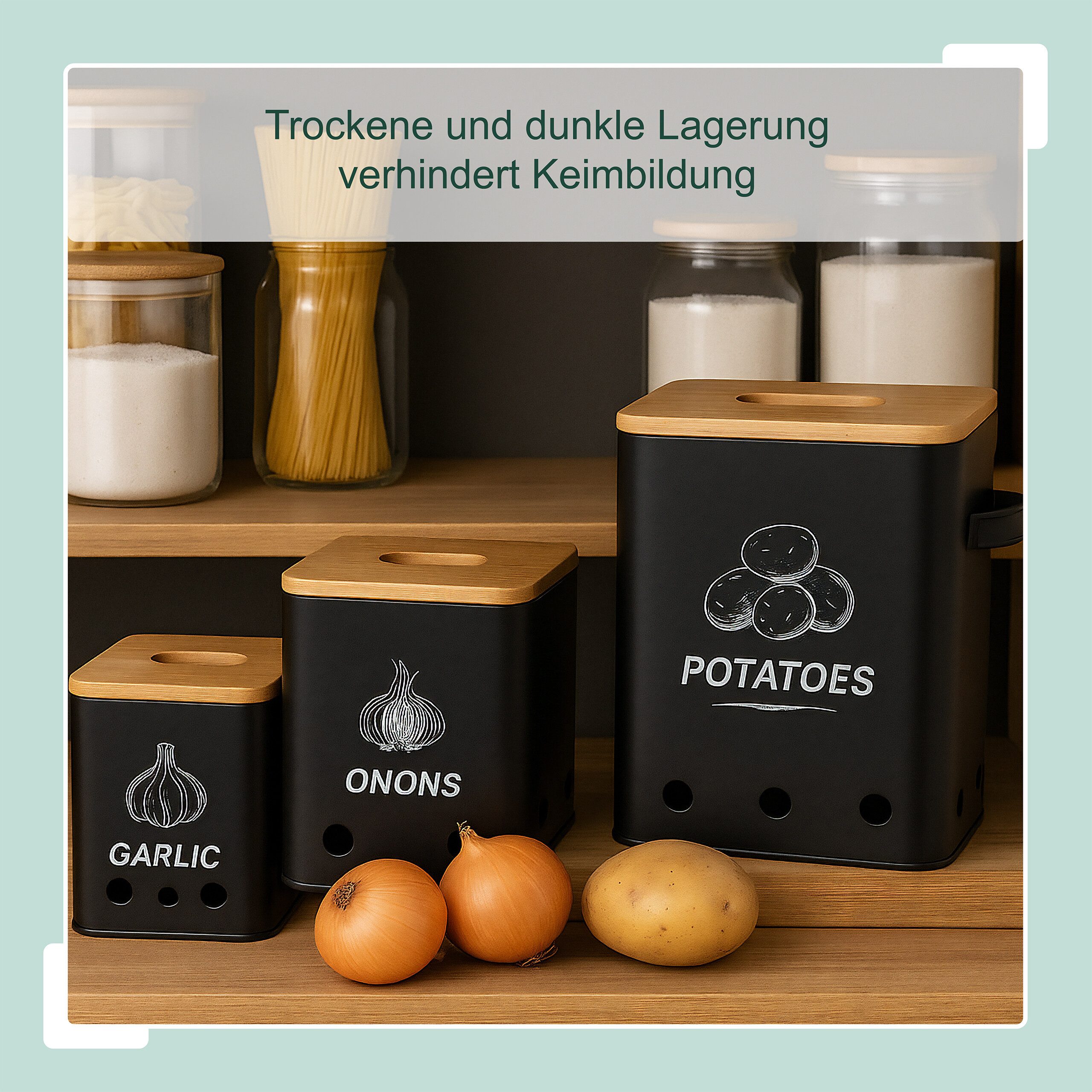 relaxdays Vorratsdose Kartoffel Aufbewahrungsbox 3er Set, Eisen, (3-tlg), schwarz – Bild 2 von 5