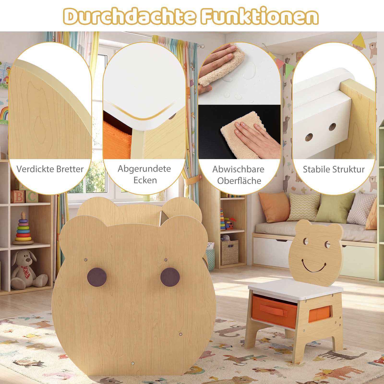 COSTWAY Kindertisch, 3 in 1 mit Stuhl in Bärenform, Maltisch mit Whiteboard