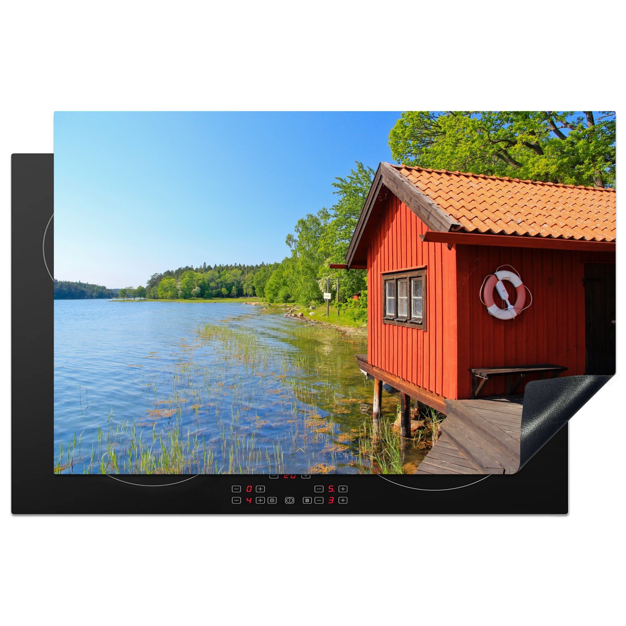 MuchoWow Herdblende-/Abdeckplatte Holzhaus an einem ruhigen See im Ängsö-Nationalpark, Schweden, Vinyl, (1 tlg), 81x52 cm, Induktionskochfeld Schutz für die küche, Ceranfeldabdeckung