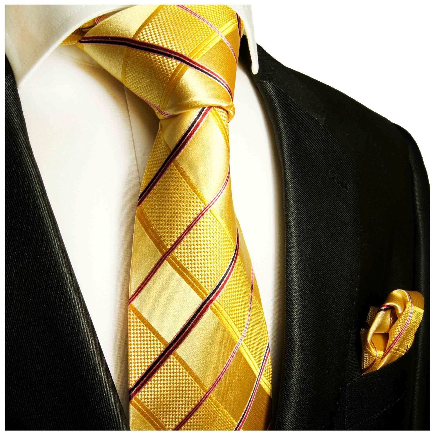 Paul Malone (8cm), modern Breit Seidenkrawatte 100% gestreift Seide Tuch 2-St., 538 Krawatte gold mit mit Karo Krawatte Herren gelb (Set, pink Einstecktuch)