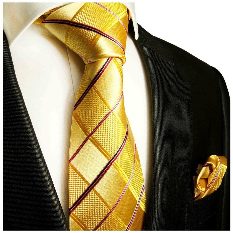 Paul Malone Krawatte Herren Seidenkrawatte mit Tuch modern Karo gestreift  100% Seide (Set, 2-St., Krawatte mit Einstecktuch) Breit (8cm), gold gelb  pink 538