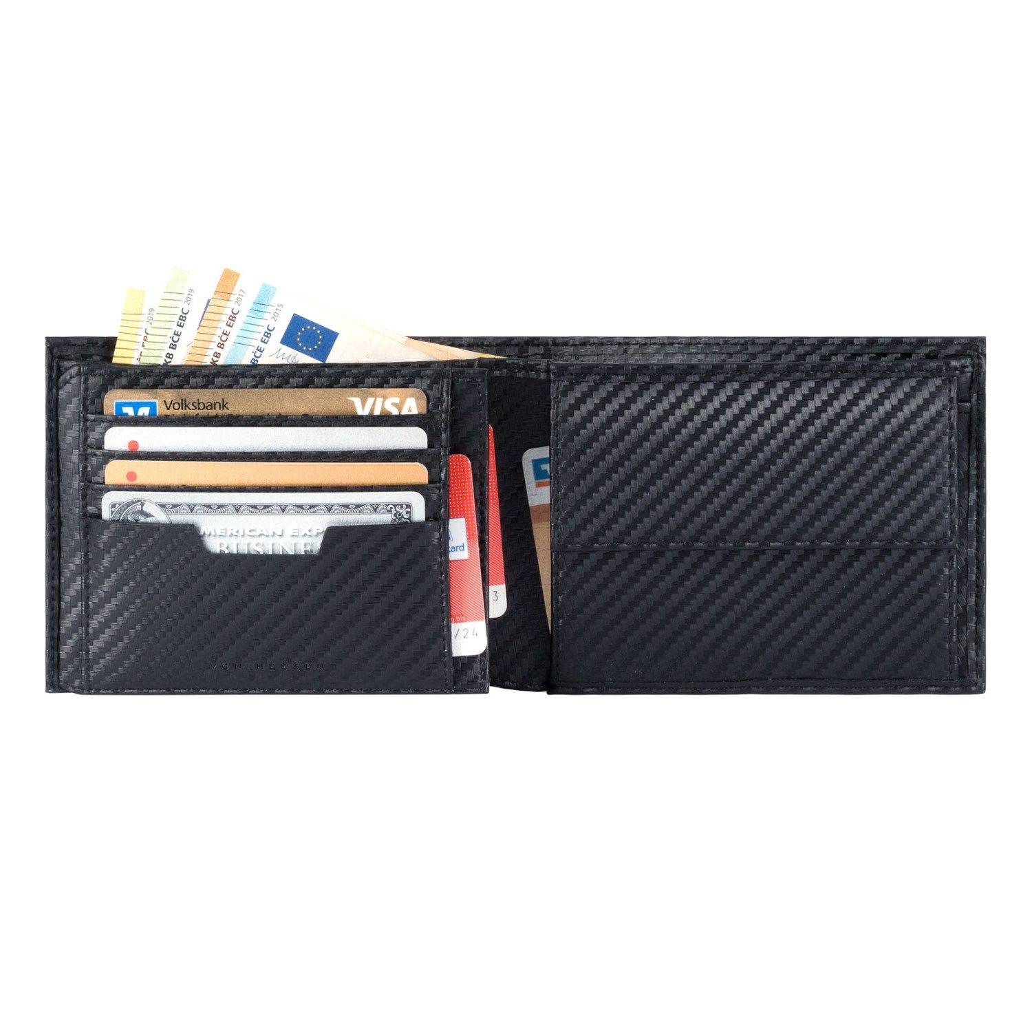 VON HEESEN Geldbeutel Carbon-Schwarz Portemonnaie & Geldbörse RFID-Schutz Kartenfächer, mit 13 inkl. Geschenkbox