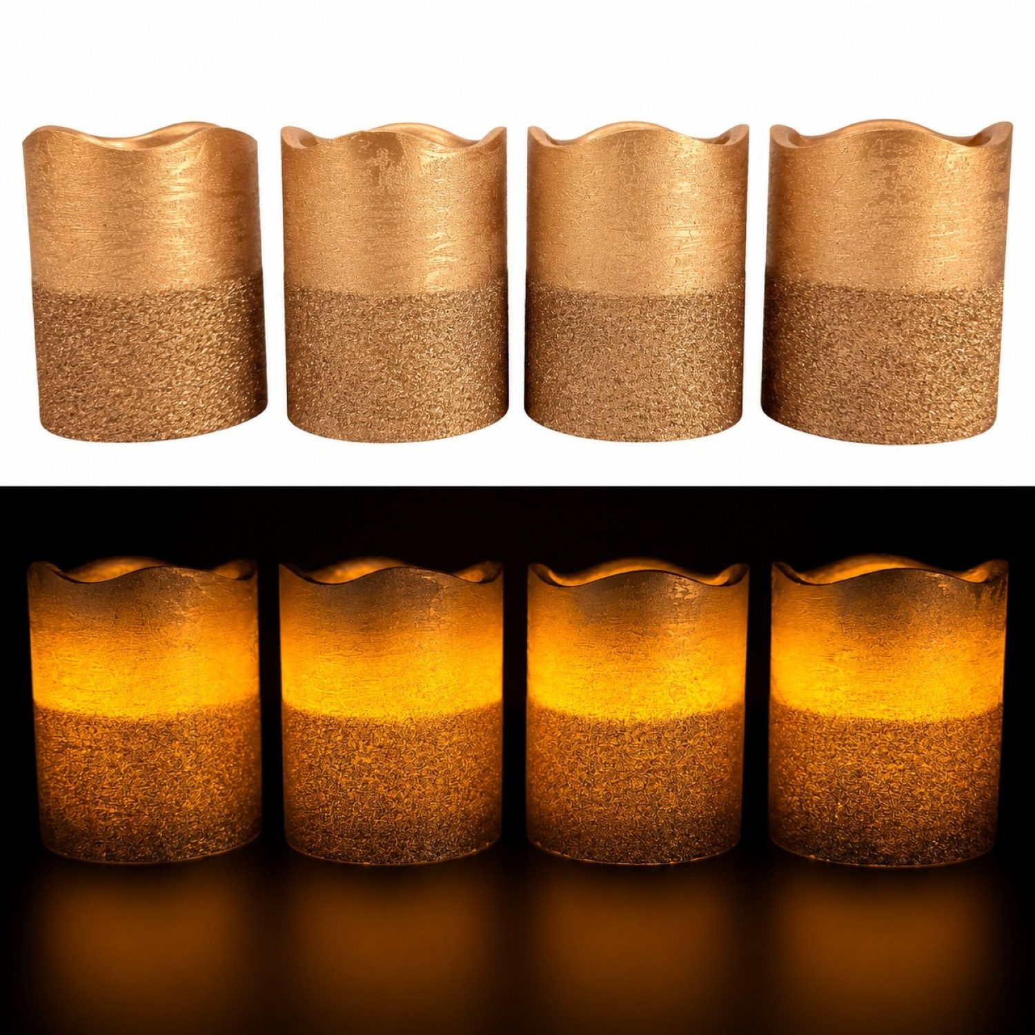 Online-Fuchs LED-Kerze 4 LED-Kerzen aus Echtwachs im Set mit Metallic Glitzer und Timer, KEINE Flamme, leuchtet aus dem Inneren, warmweißer Flackereffekt, praktische 6-Stunden Timerfunktion integriert