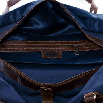 SID & VAIN Reisetasche CHASE, Weekender echt Leder & Canvas Reisetasche groß XL - Reisegepäck auch als Handgepäck aus stabilem Leder - Sporttasche, Freizeittasche mit Umhängegurt - Ledertasche Herren Damen blau-braun