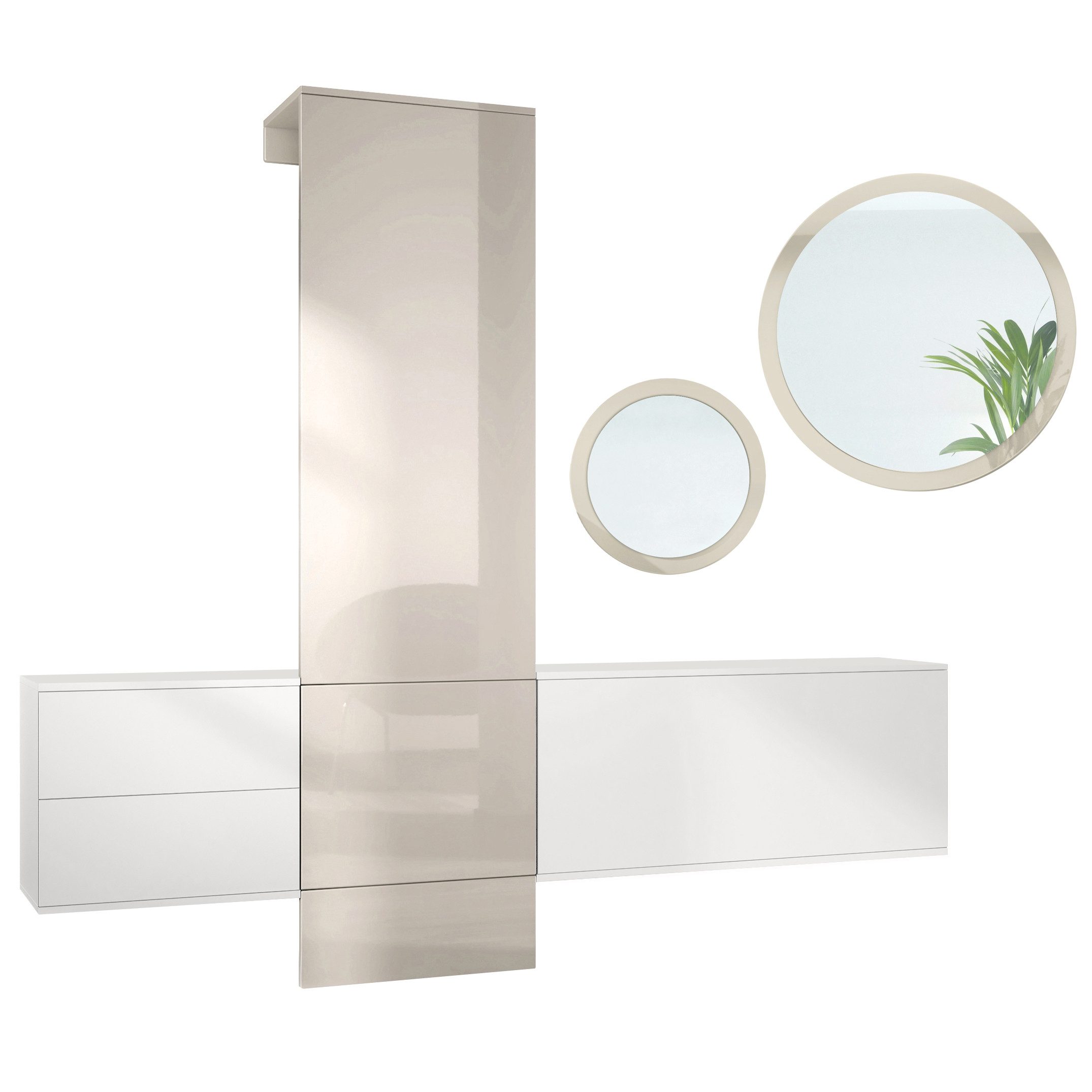 Vladon Шкафы-Set DualVista, (Garderoben-Set, bestehend aus 1 Шкафыpaneel, 2 Schrank Elementen und 2 Spiegel), Weiß matt/Sandgrau Hochglanz