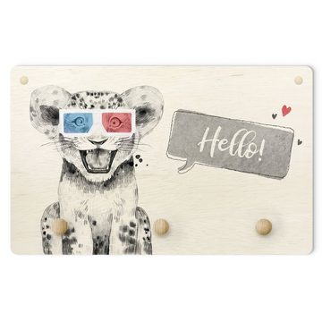 Bilderdepot24 Garderobenpaneel schwarz Illustration Tiere Spruch Hello fröhliches Löwenbaby (Kindergarderobe Holz Kleiderhaken für die Wand inkl. Montagematerial), moderne Wand Garderobenleiste Flur - kleine Hakenleiste Kinderzimmer