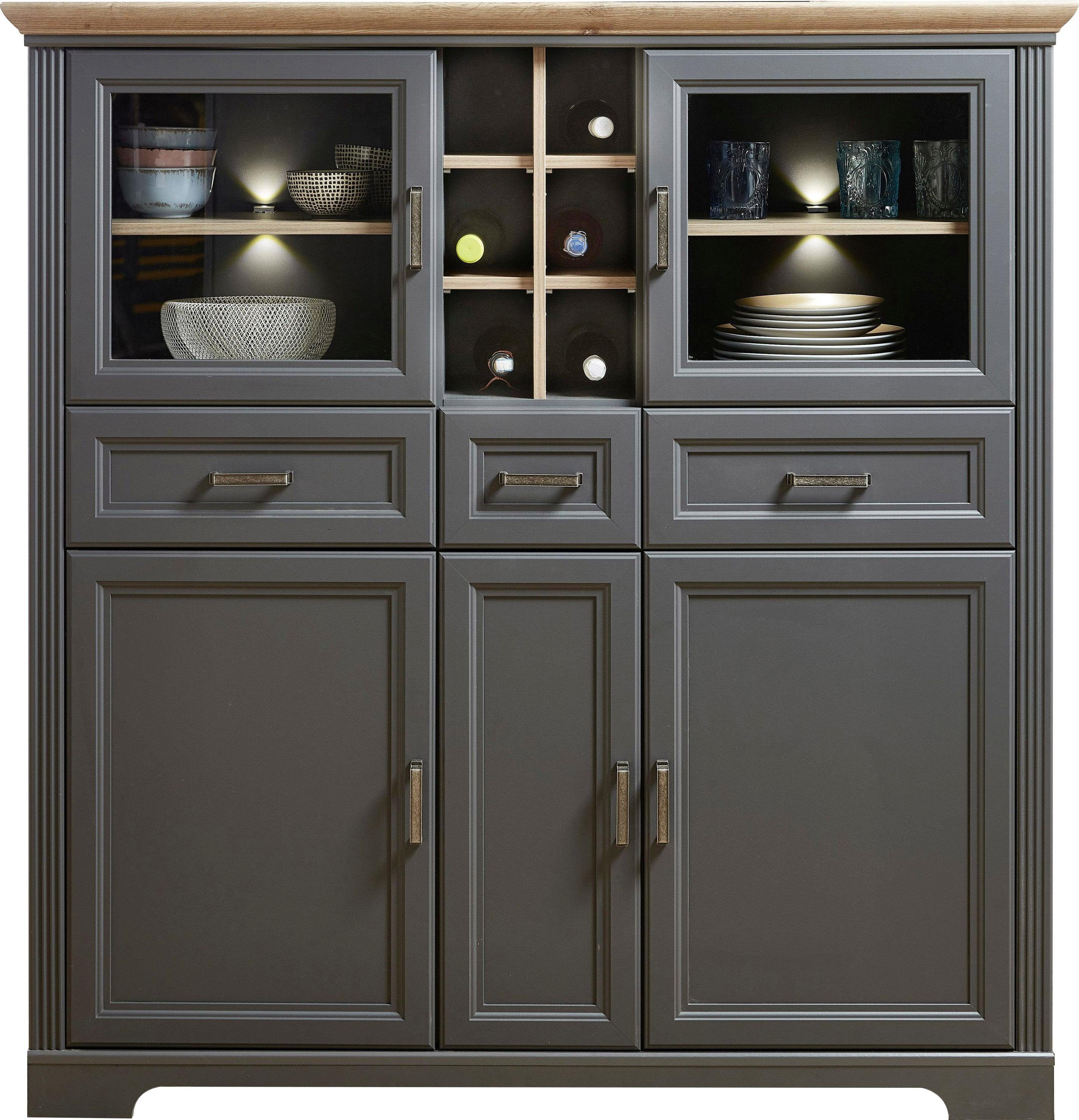 Innostyle Highboard Jasmin, 2 Glas-/Holztüren, 8 offene Fächer, inkl. LED-Beleuchtung