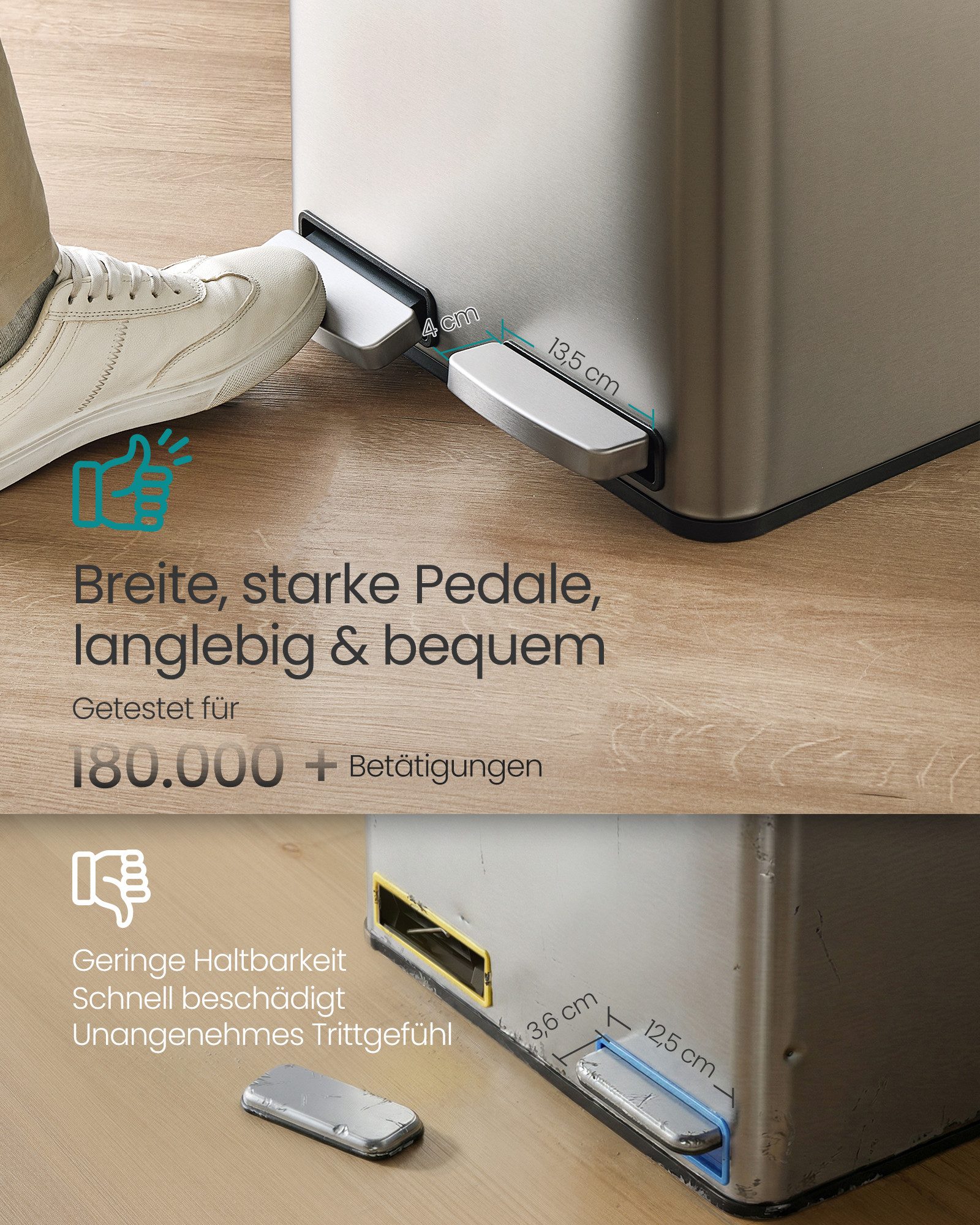 SONGMICS Mülleimer Abfalleimer 2 oder3 Fächer, Mülleimer 30L 54L 60L, Tretmülleimer Softclose-Deckel, herausnehmbare Inneneimer