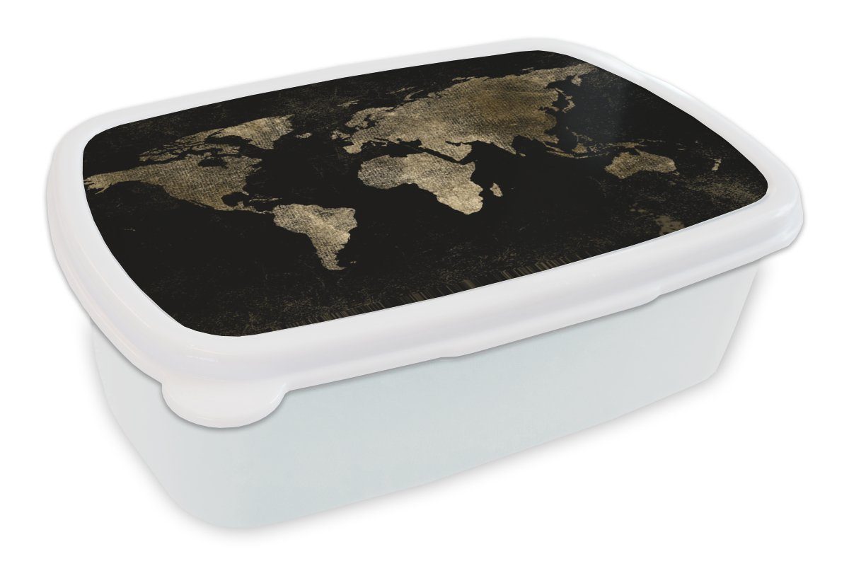 MuchoWow Lunchbox Weltkarte - Schwarz - Gold, Kunststoff, (2-tlg), Brotbox für Kinder und Erwachsene, Brotdose, für Jungs und Mädchen weiß