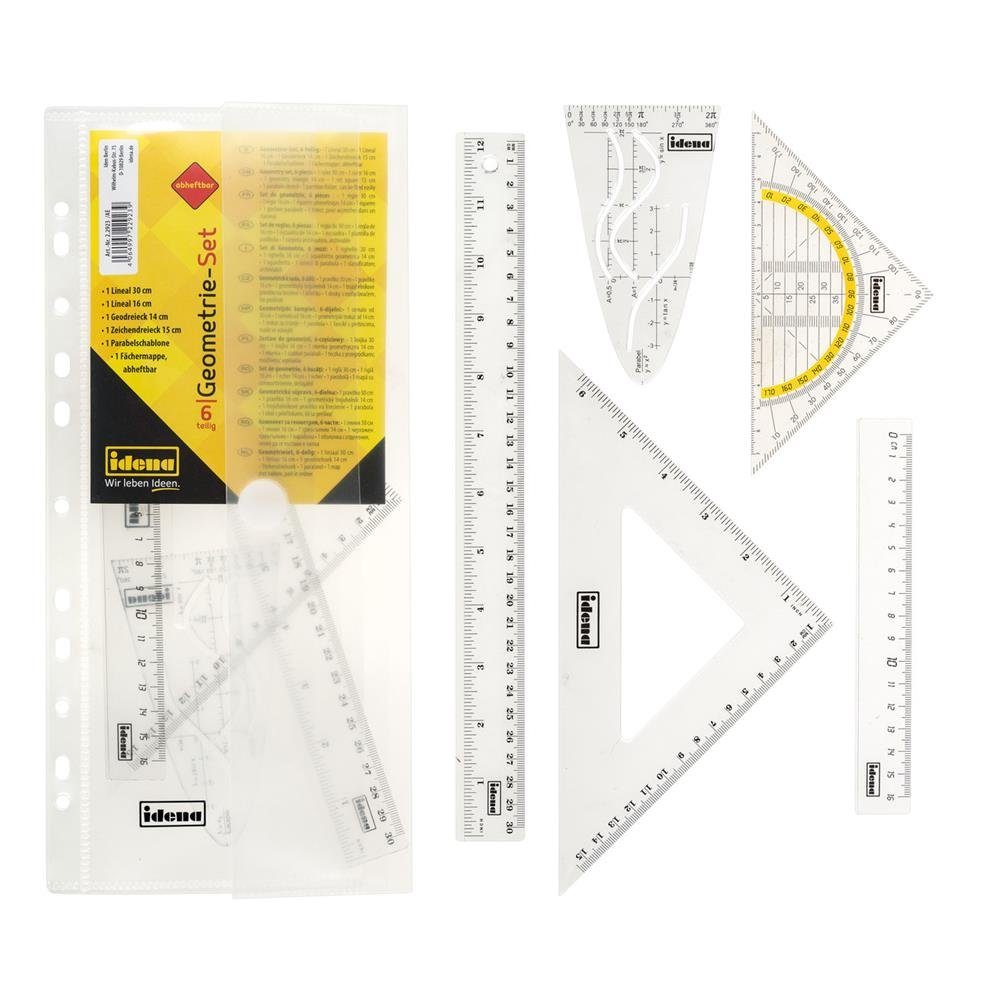 Idena Geodreieck Geometrie-Set, 6-teilig, 2 Lineale, Zeichendreieck, Parabel, Geodreieck und abheftbare Mappe