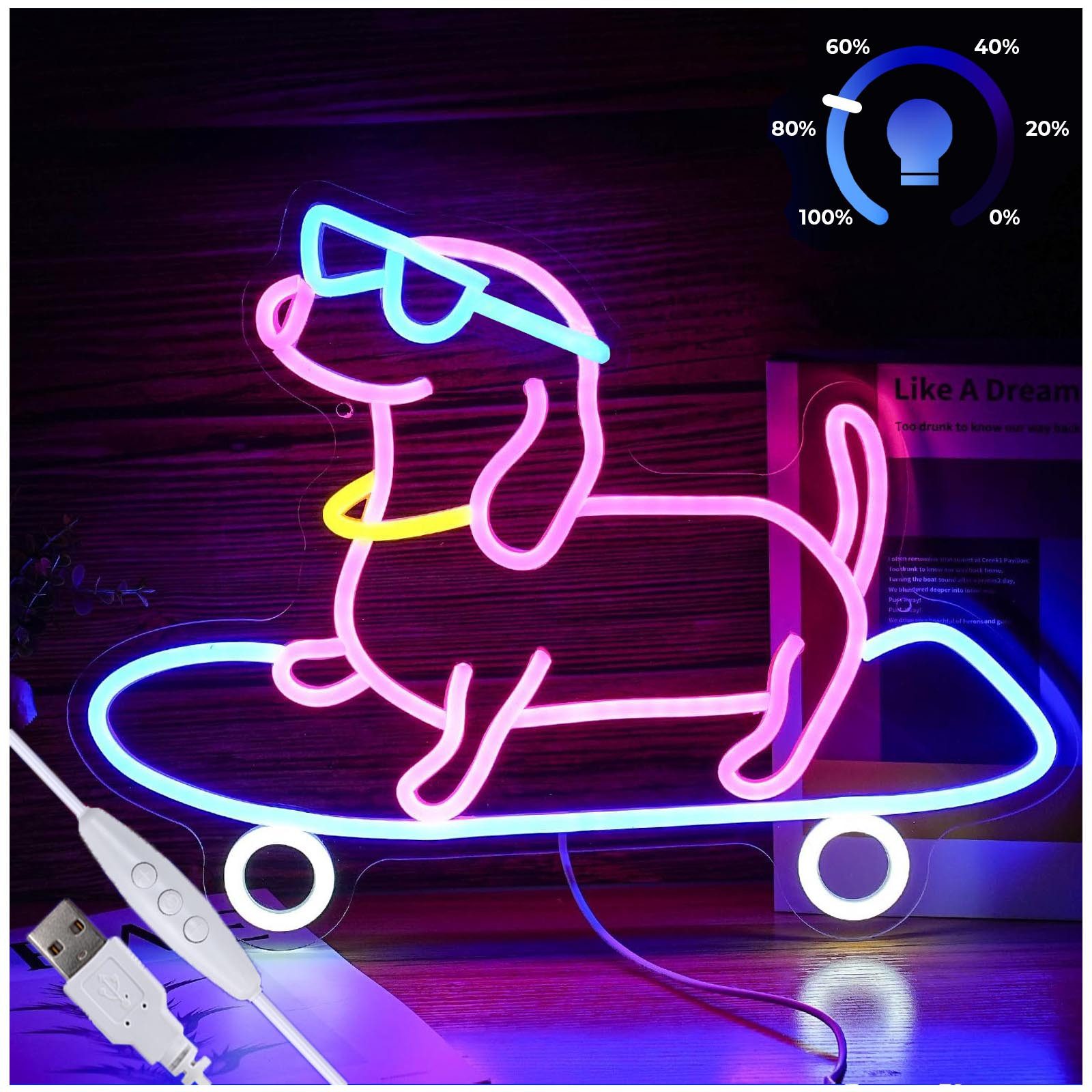 JIBENNEON Dekolicht LED Neon Sign,Skateboard Hund Bulldogge, Dackel LED Neo günstig online kaufen