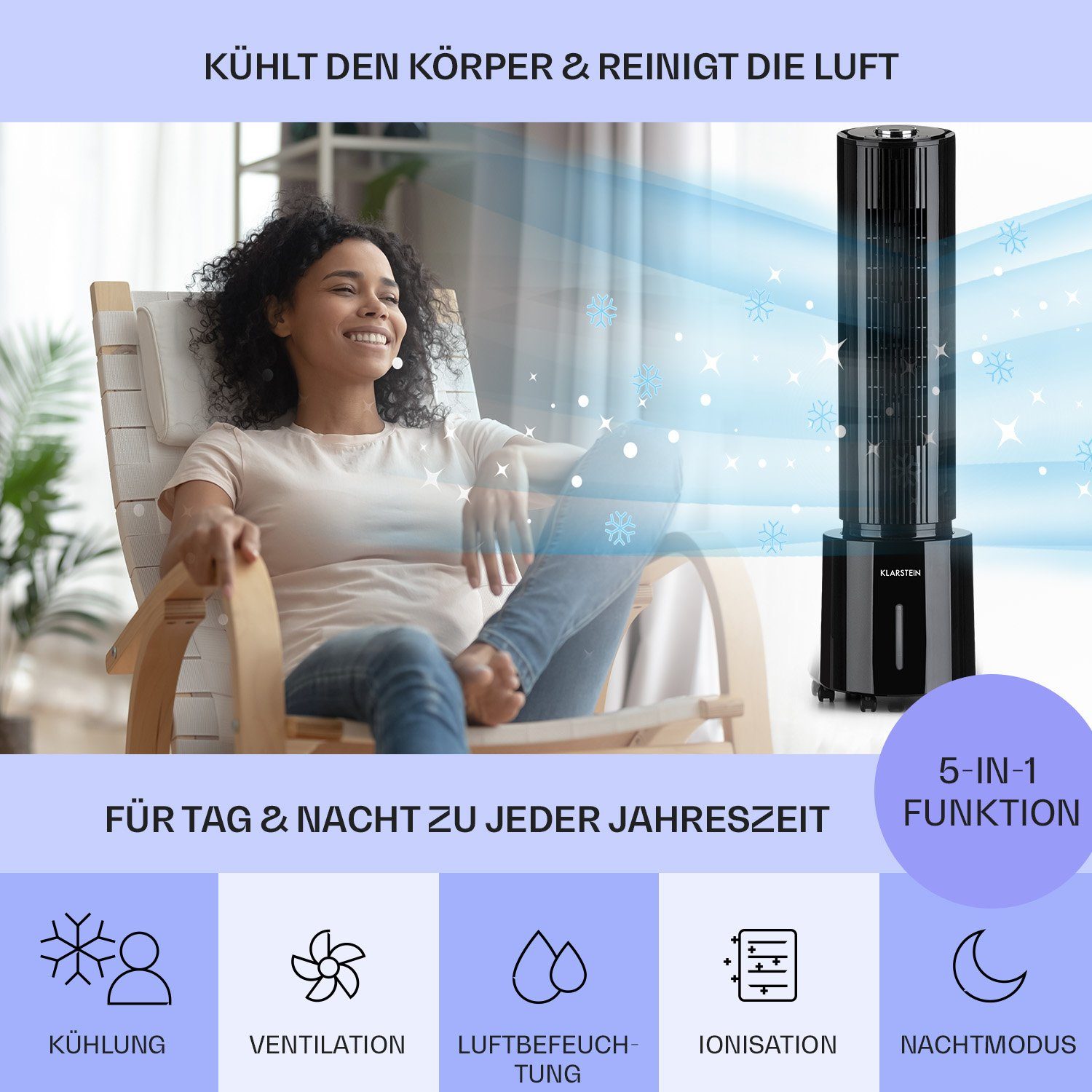 Klarstein Abluftschlauch Ventilatorkombigerät Klimagerät ohne Wasserkühlung mobil mit Waterfall Luftkühler, & Eis