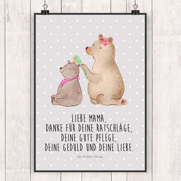 Mr. & Mrs. Panda Poster DIN A4 Bär Kind - Grau Pastell - Geschenk, Wanddekoration, beste Mama, Bär mit Kind (1 St), Handgemalte Motive