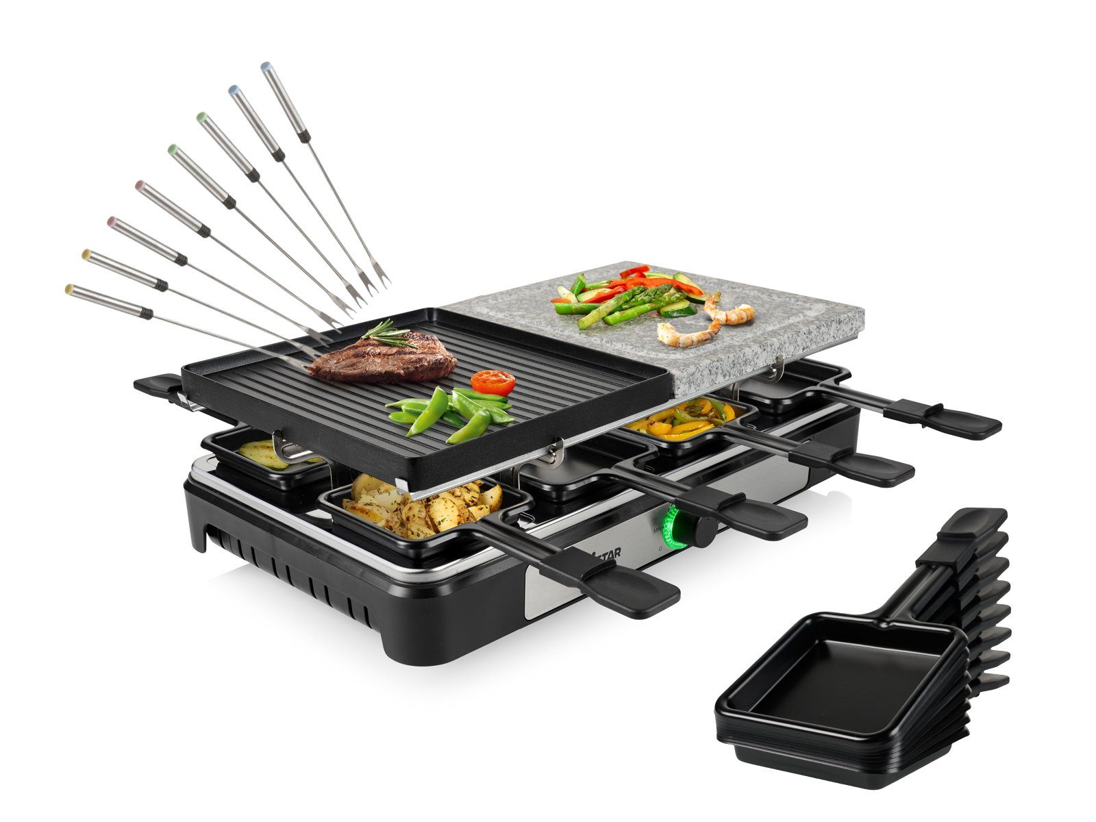 Tristar Raclette, 1400 W, Tischgrill Grill- & Steinplatte 5in1 Gerät Steingrill für 2-8 Personen