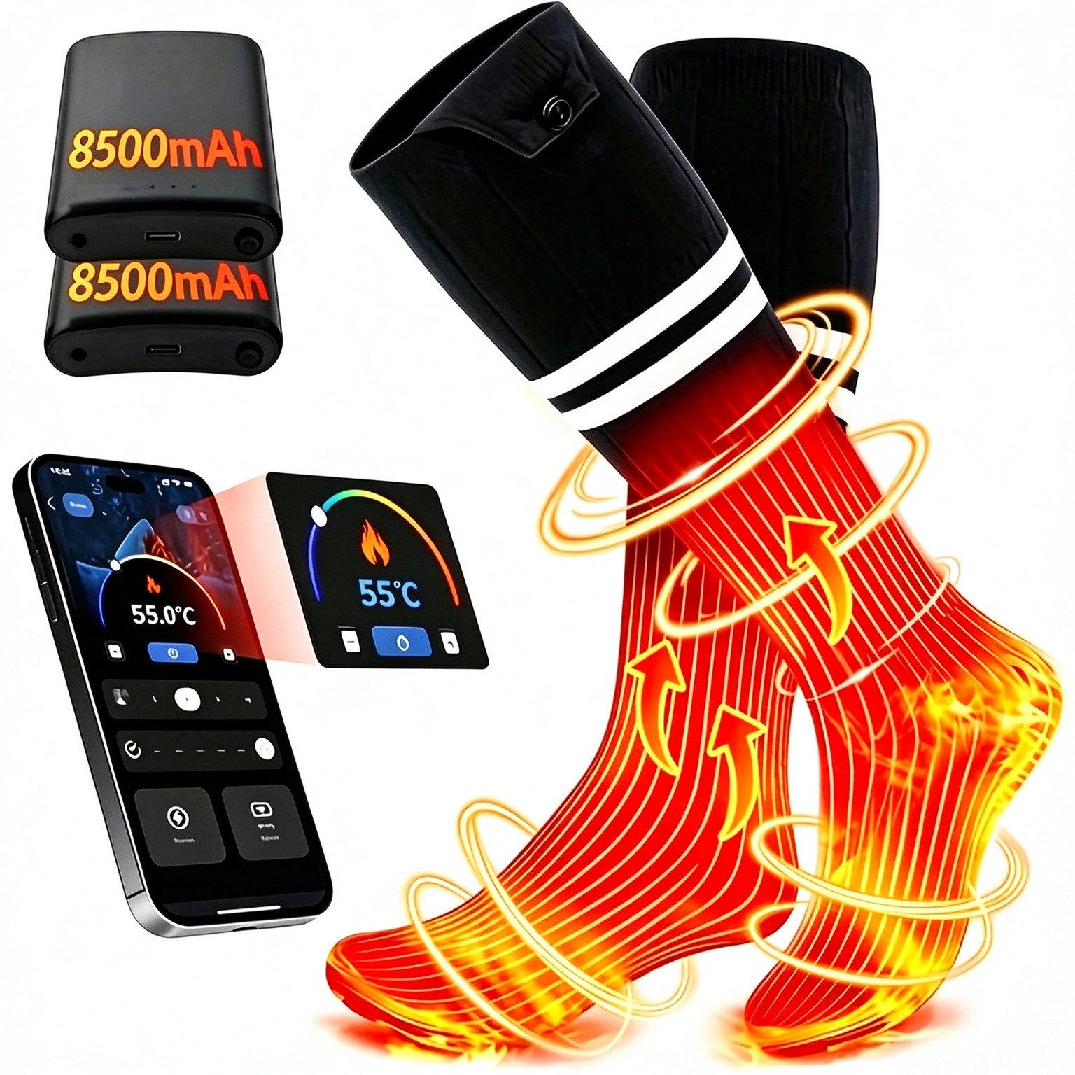 ALLJOY Funktionssocken Heizsocken Elektrisch,Wärmesocken mit intelligenter Temperaturregelung (8500mAh Akku mit langer Laufzeit, Heizsocken mit Fernbedienung) Bluetooth‑App‑Steuerung,Schnellheizmodus,Waschbar nach Akku‑Entnahme