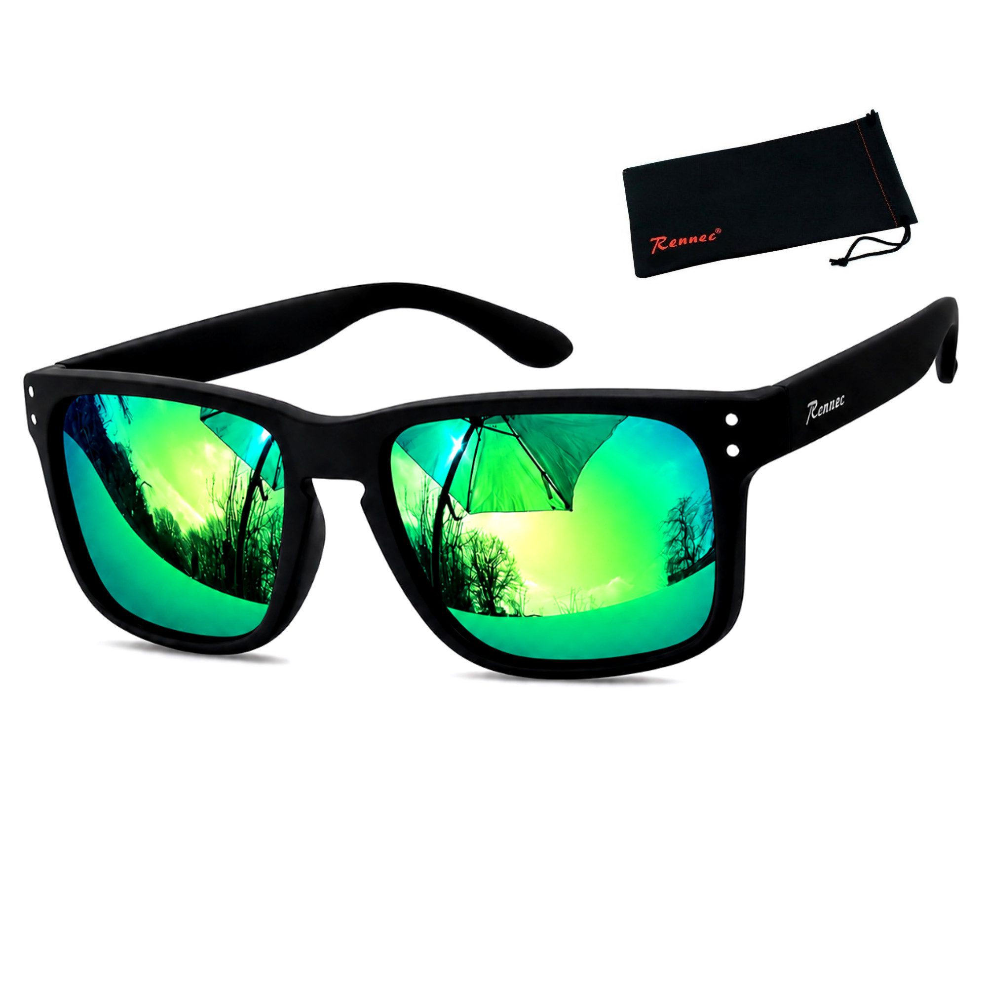 Rennec Sonnenbrille Polarisiert Herren Markenbrille mit Brillenbeutel Gläser Polarisiert Grün Blau Verspiegelt stabile Bügelgelenke
