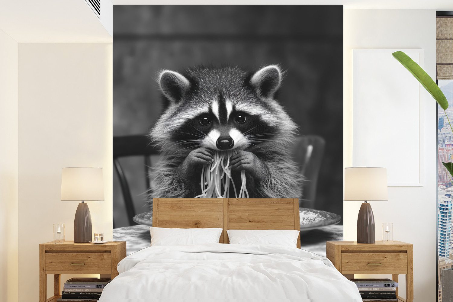 MuchoWow Fototapete Waschbär - Niedlich - Pasta - Tischtuch - Schwarz - Weiß, Matt, bedruckt, Montagefertig Vinyl Tapete, Wandtapete, 190x260 cm