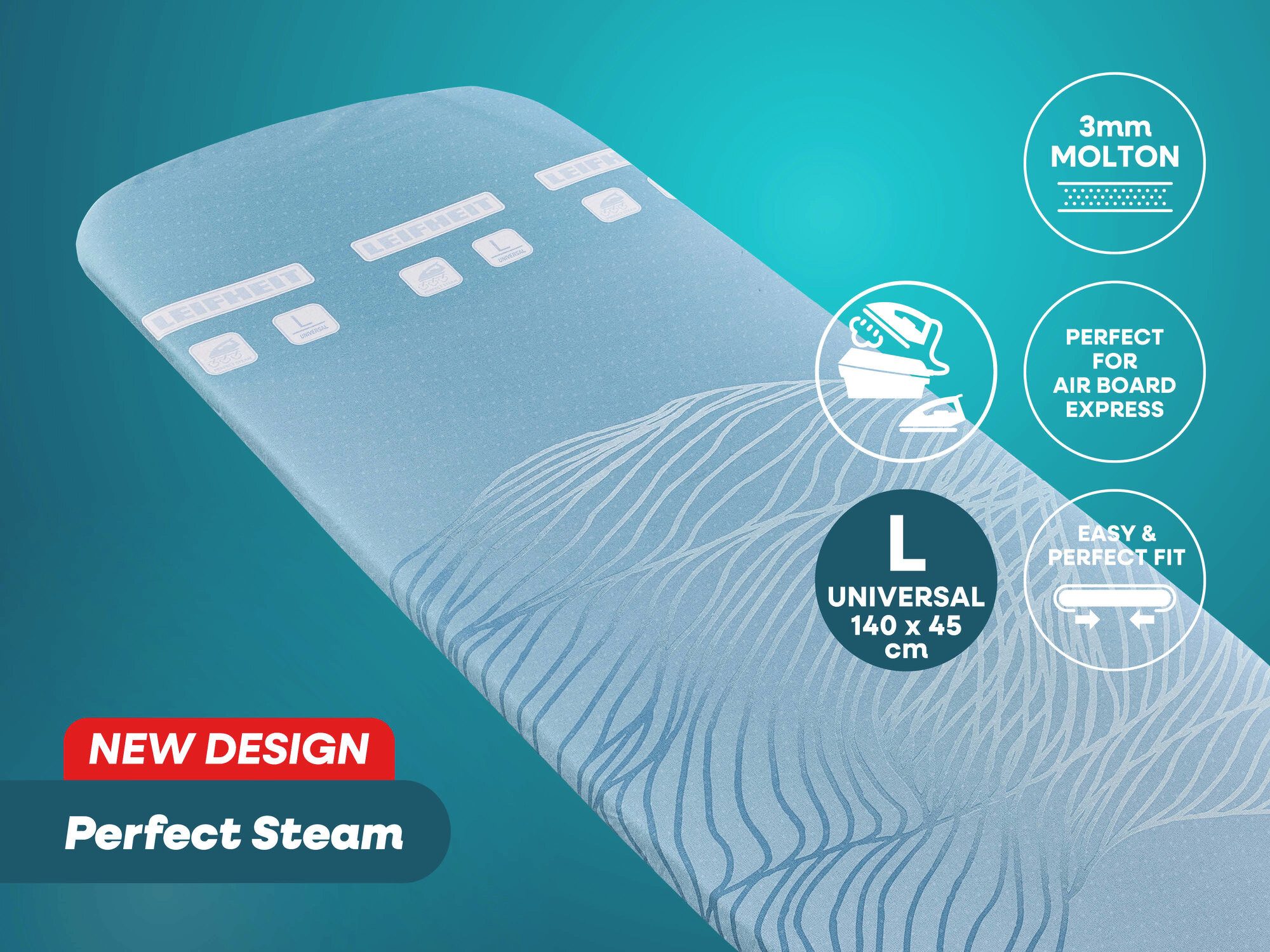 Leifheit Ersatz-Bügelbrettbezug Bügeltischbezug Perfect Steam Air Board Express Universal, Spezielle Perforation, 140x45cm, 3mm Molton-Komfortpolsterung
