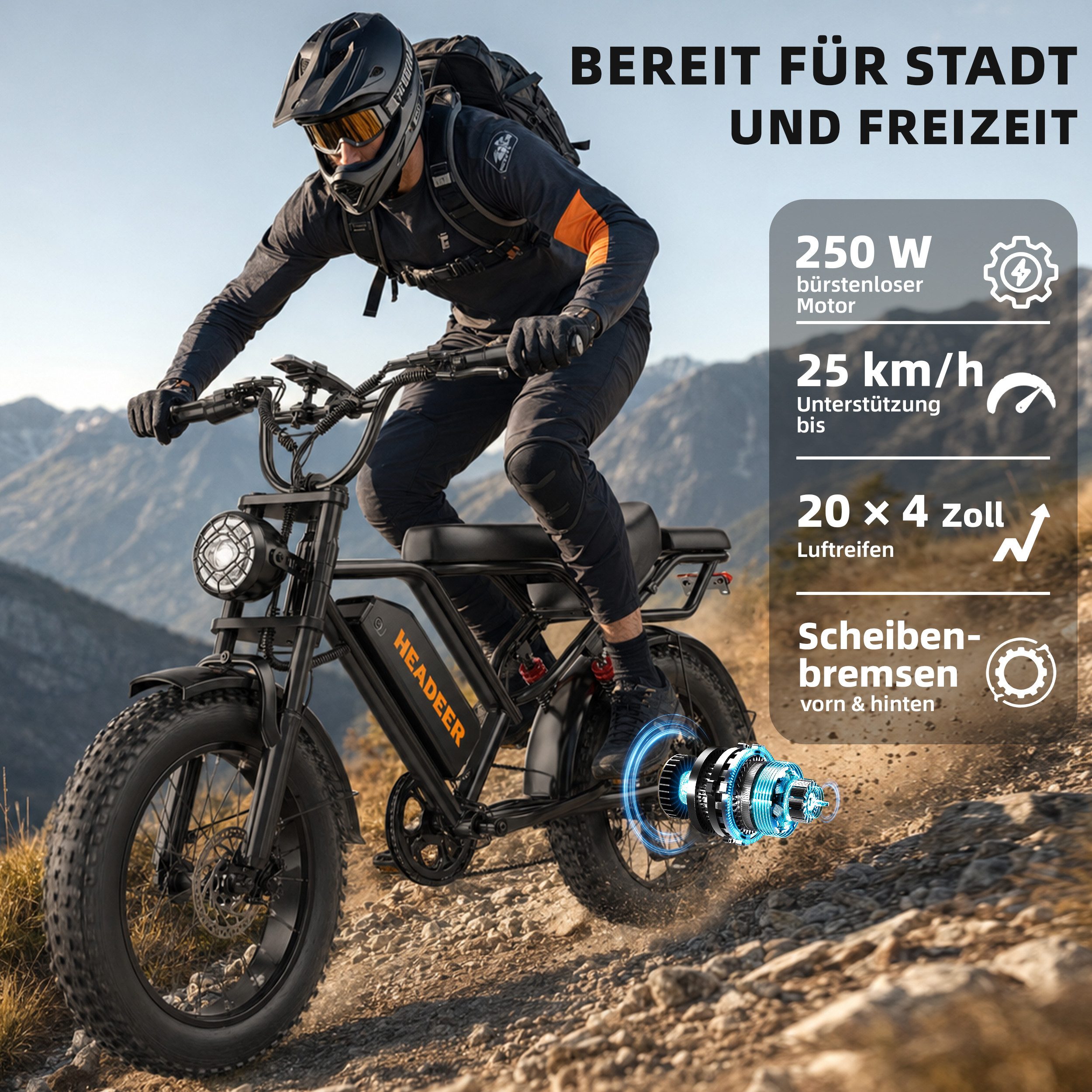 Vankel E-Bike Mountainbike Herren u. Damen E-Fatbike 20 Zoll 250W 960Wh 80km Scheibenbremse, Kettenschaltung, Heckmotor, 960 Wh, (Beleuchtungsset mit Batterieladegerät, Batterieschlüssel, Werkzeug), Scheibenbremse Vollfederung LCD-Display 150kg Zuladung 39,5kg